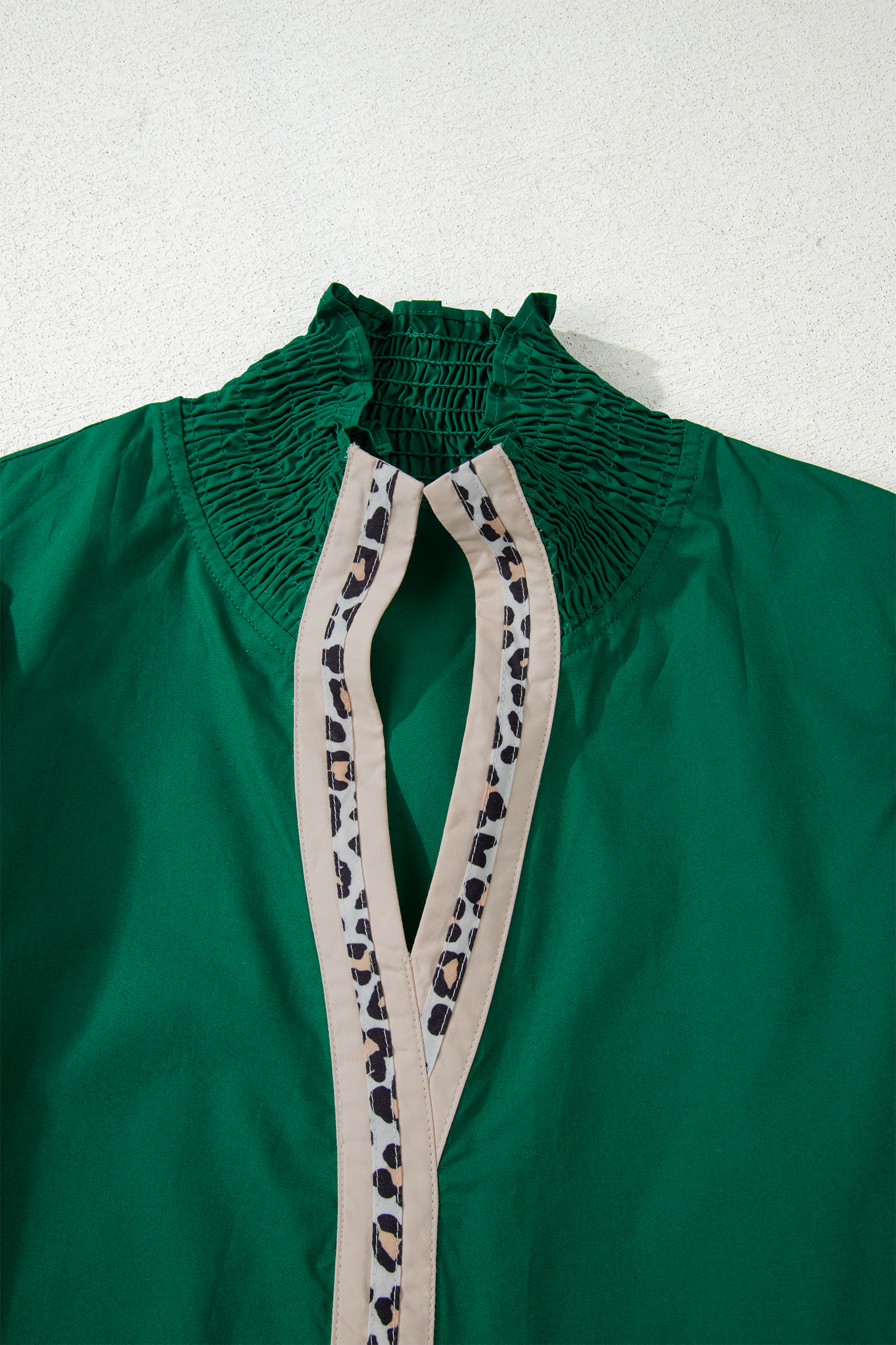 Evergreen Puffy Flounce Sleeve Leopard Trim V Neck Blouse