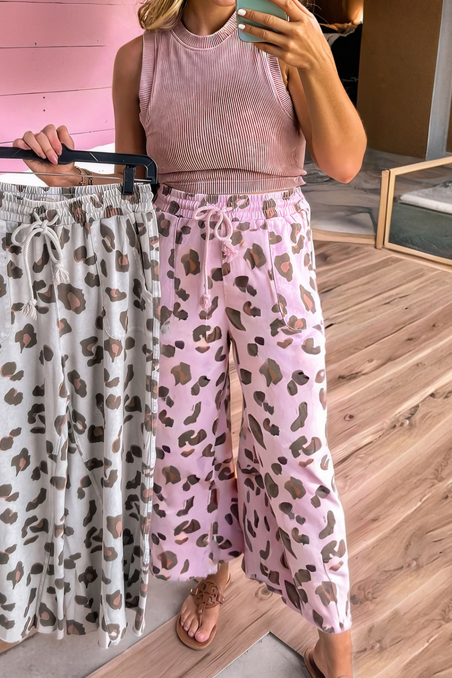 Beige Drawstring Leopard Print Patch Pocket Loose Pants