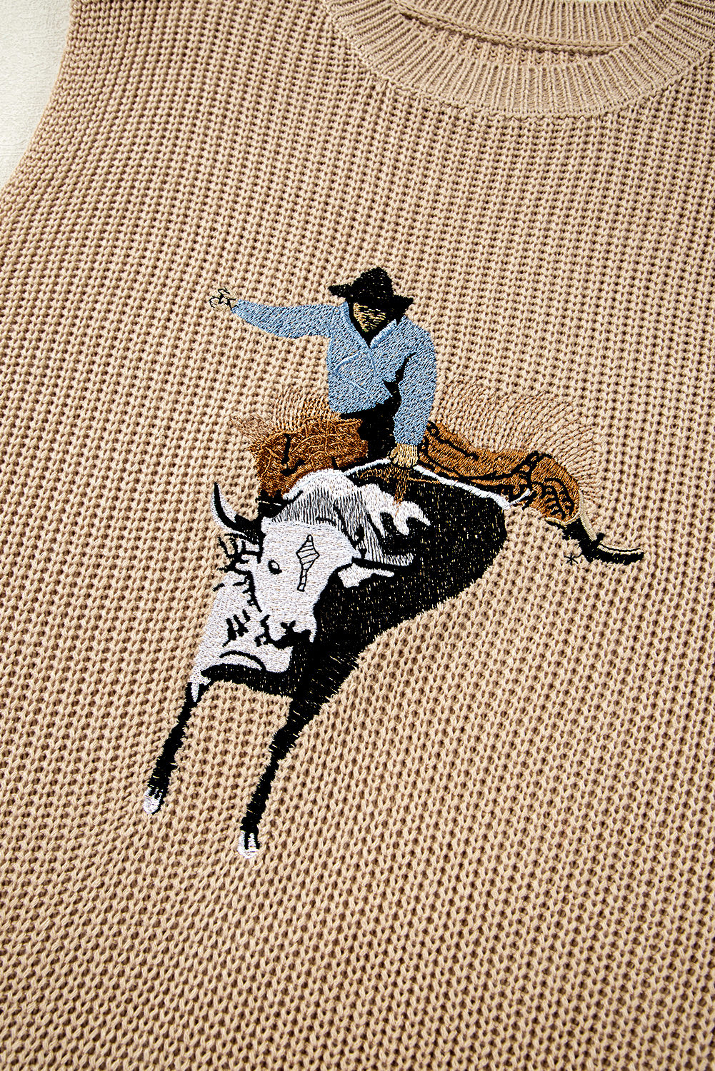 Black Western Cowboy Embroidery Round Neck Sleeveless Sweater