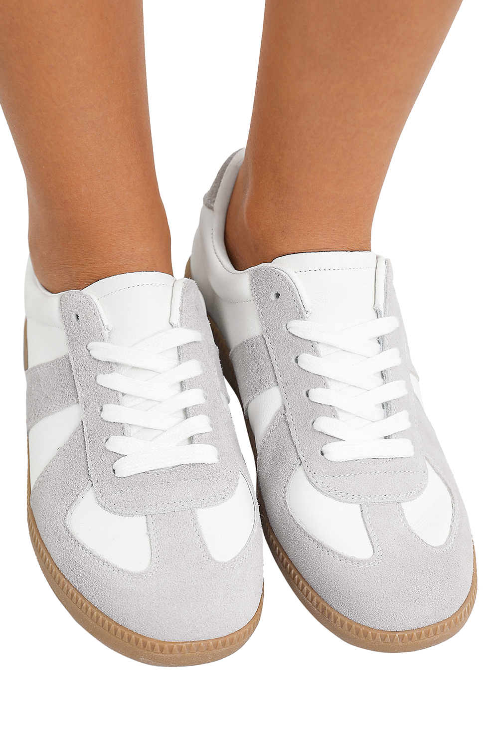 Beige PU Leather Suede Patched Lace-up Flat Shoes