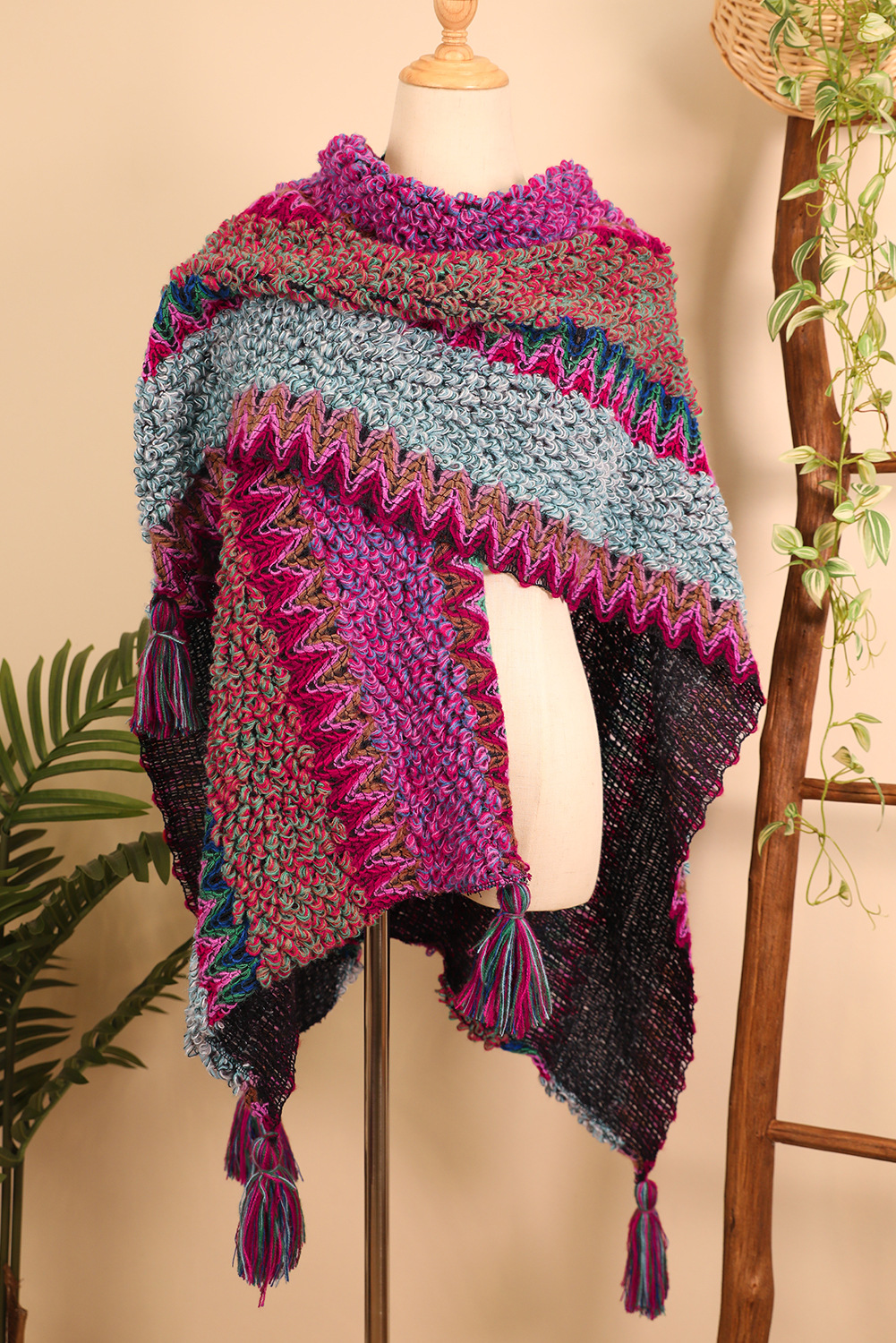 Rose Red Ethnic Knit Shawl Wrap Cape Sweater Thickened Tassel Poncho Cloak