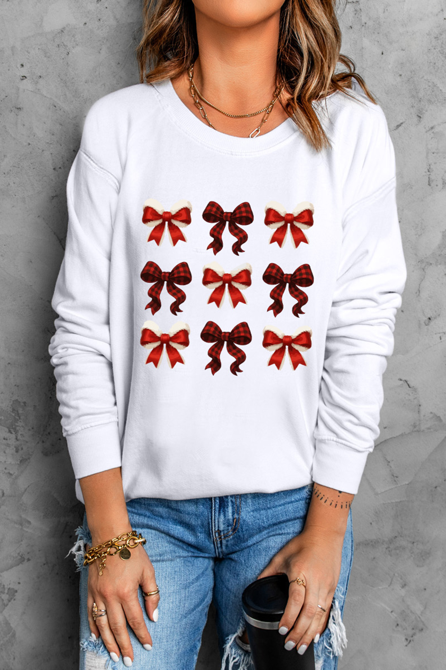 White Festive Bow Graphic Christmas Holiday Classic Sweatshirt