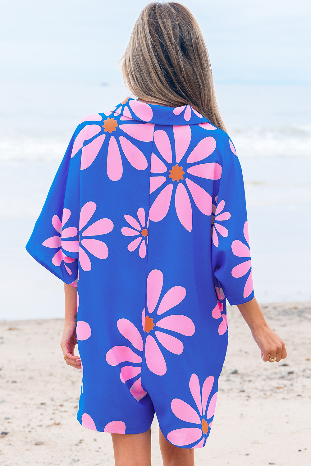 Blue Summer Flower Print Shirt Collar Button Front Loose Romper