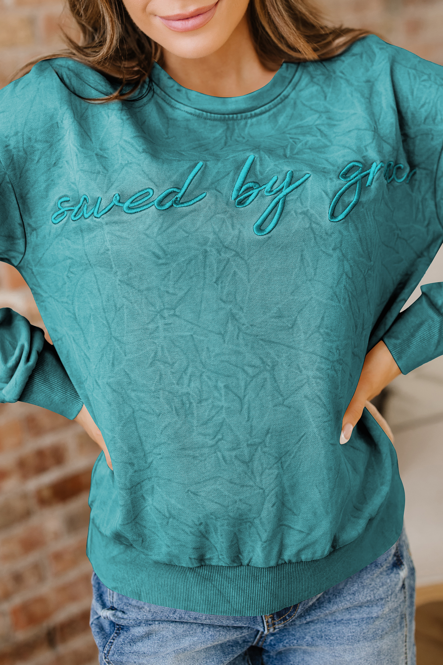 DUNE saved by grace Letter Embroidery Mineral Wash Loose Sweatshirt