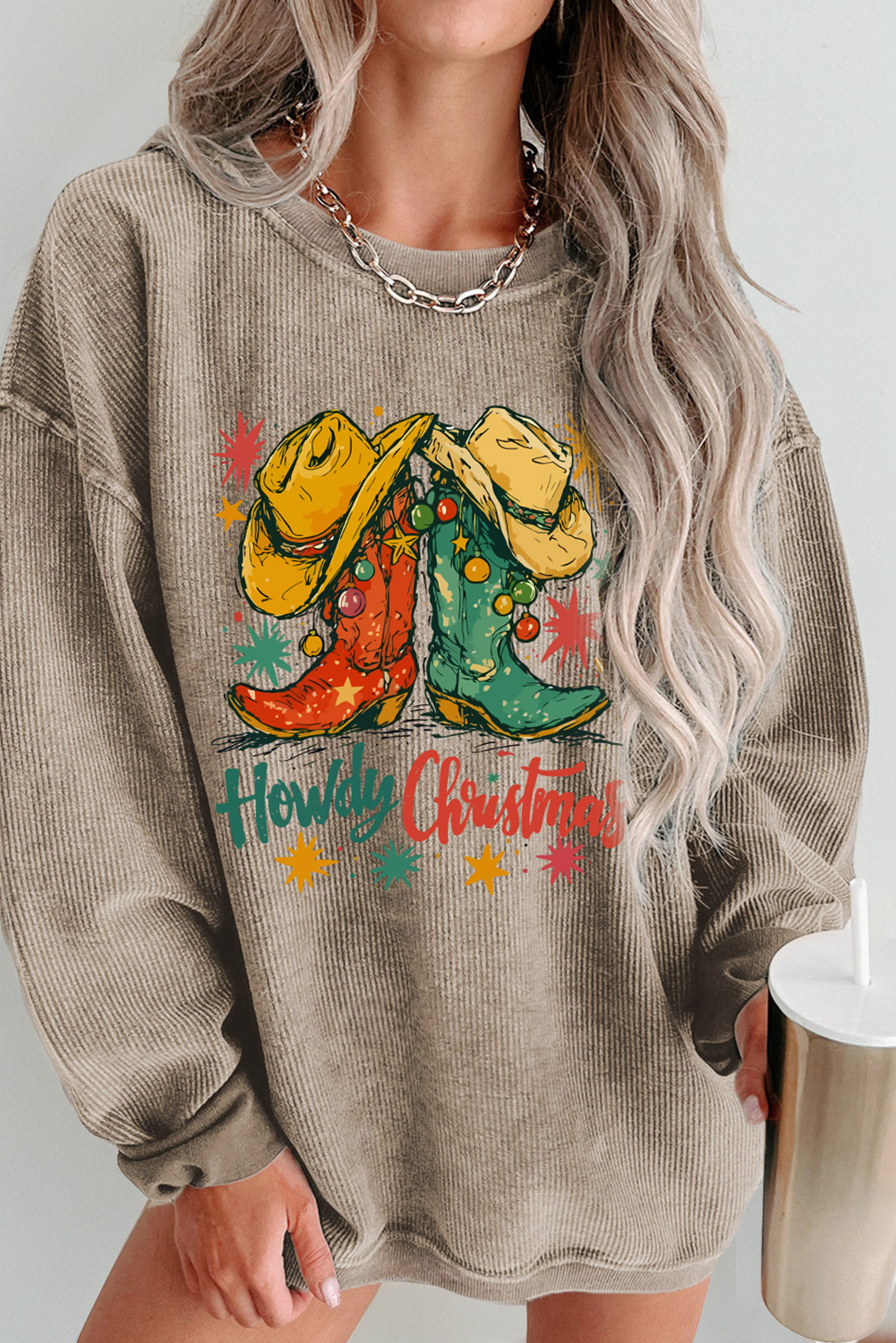 Khaki Howdy Christmas Cowboy Boots Graphic Corded Sweatshirt