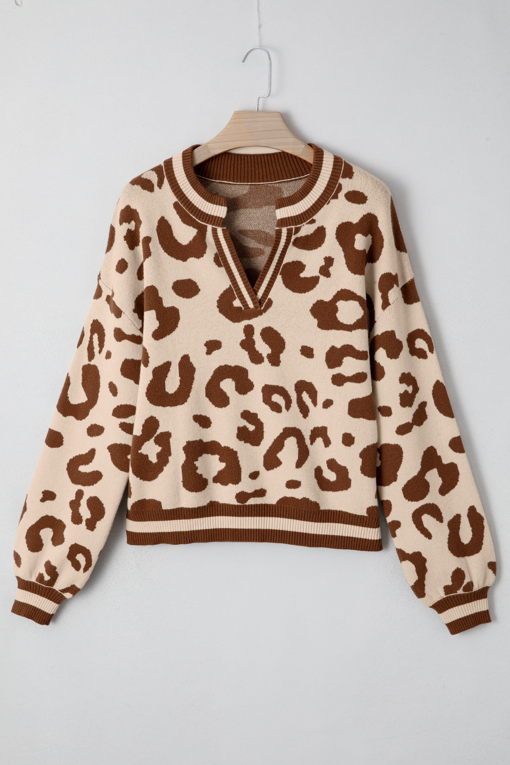 Light French Beige Leopard Printed Knit V Neck Casual Sweater