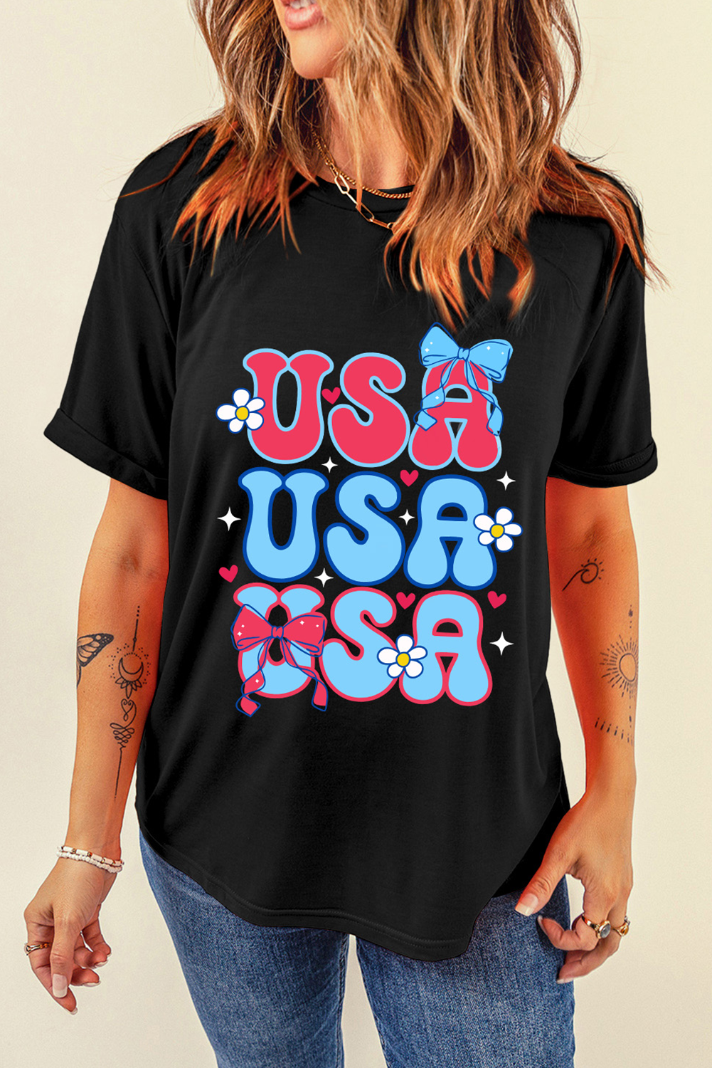 Black July 4th Cute Flower Bow USA Letter Graphic Tee