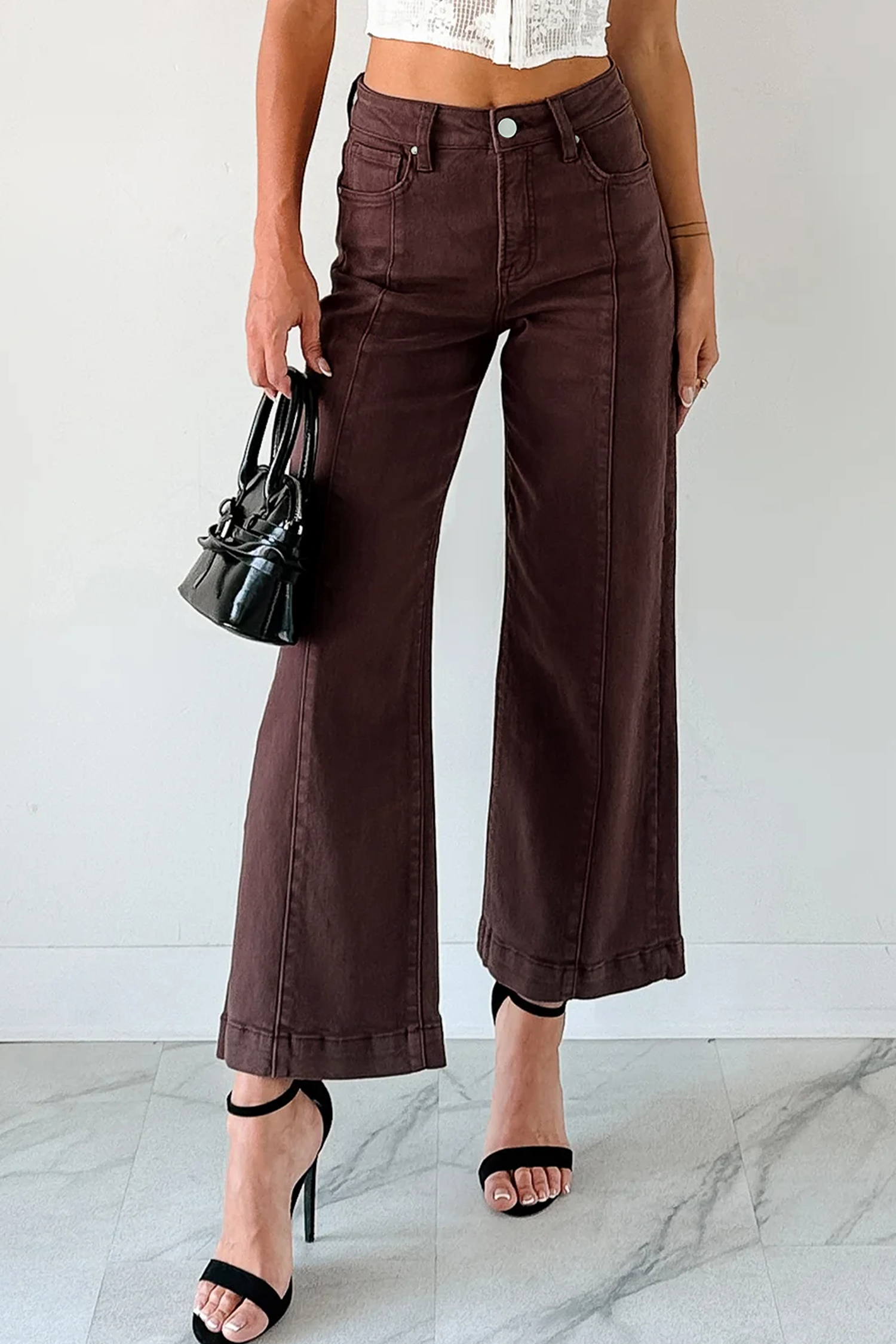Apricot Solid Color Seamed Center Wide Leg Cropped Jeans