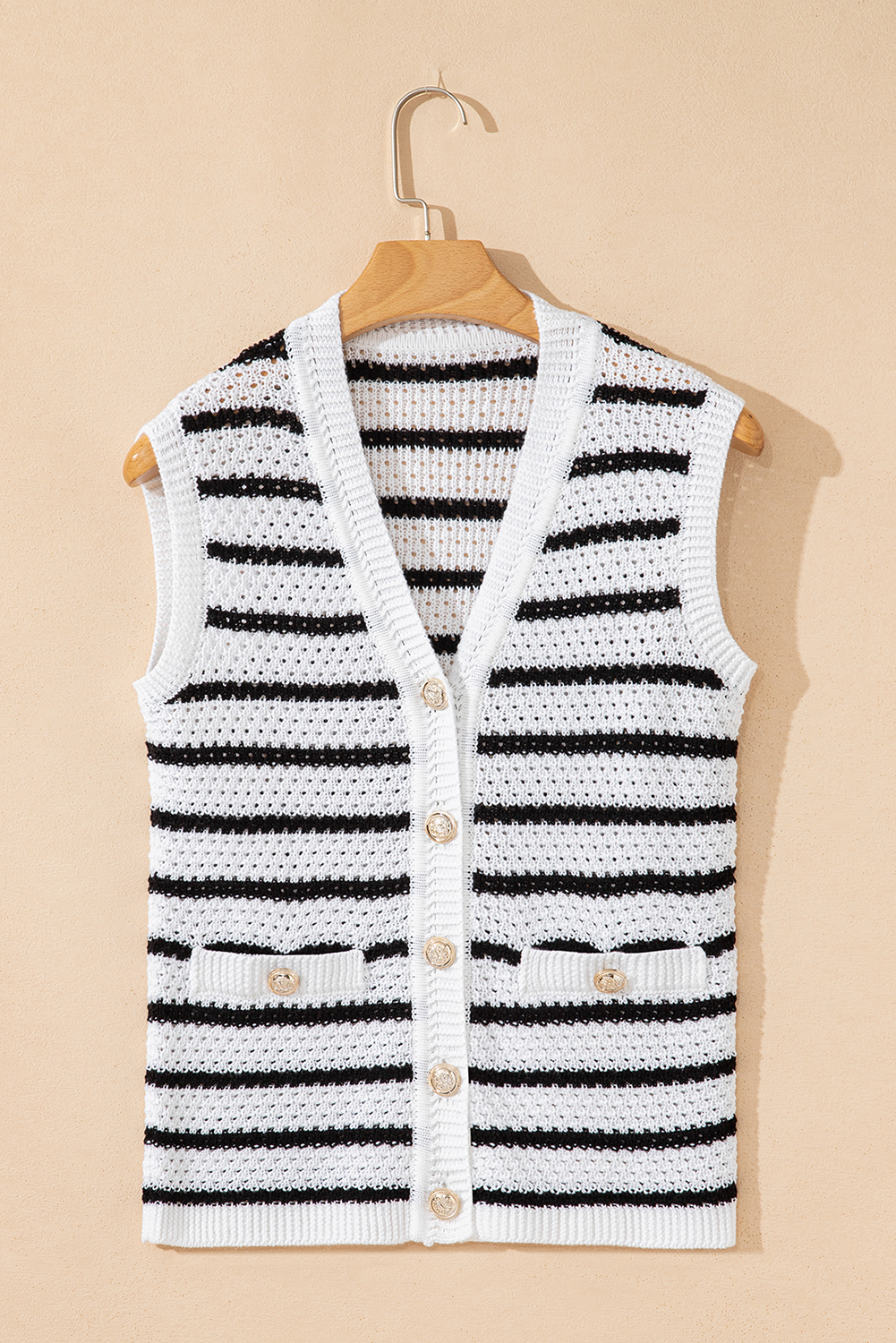 Sky Blue Stripe V Neck Gold Buttons Elegant Sweater Vest