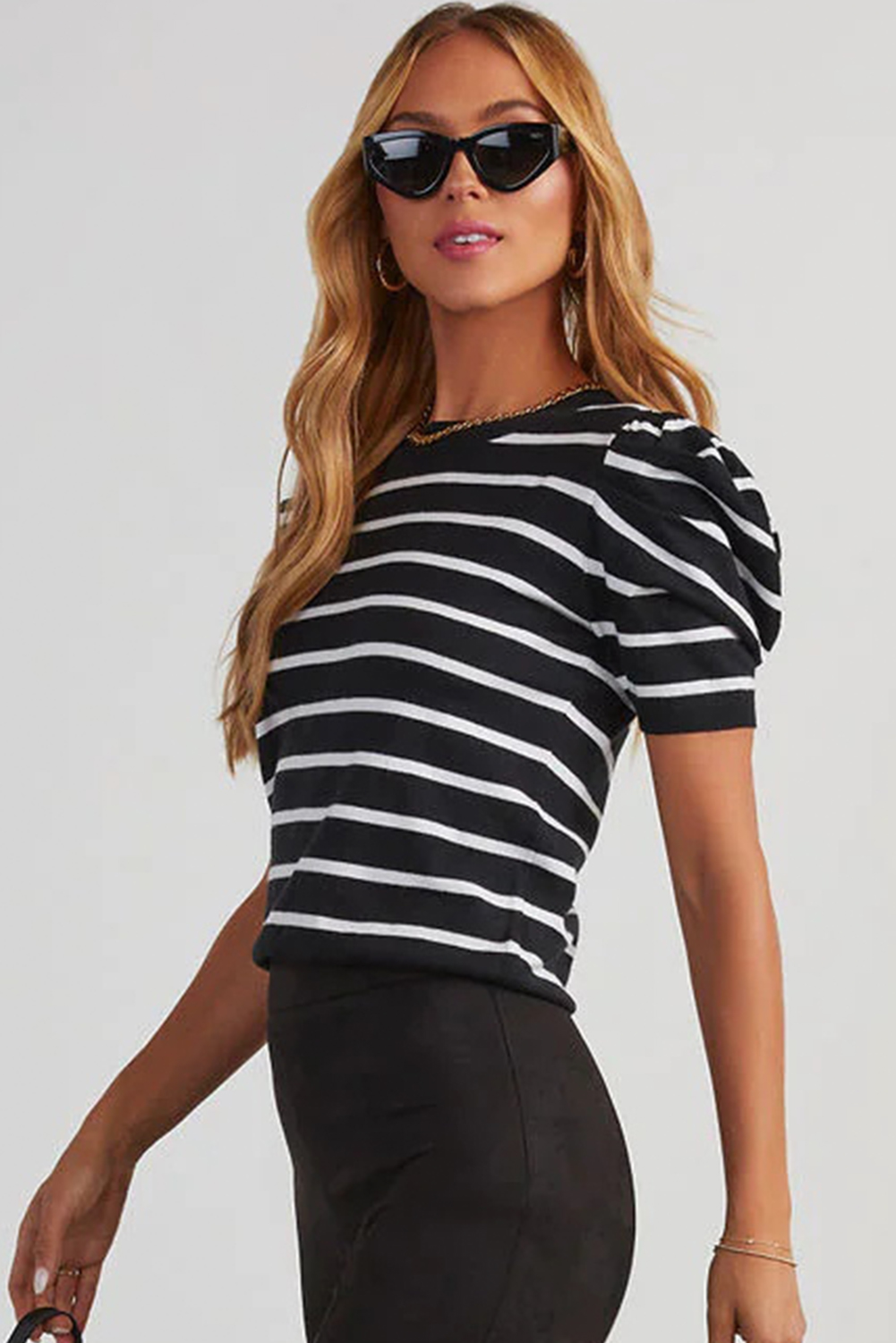 Blue Stripe Ribbed Trim Round Neck Bubble Sleeve Knitted Top