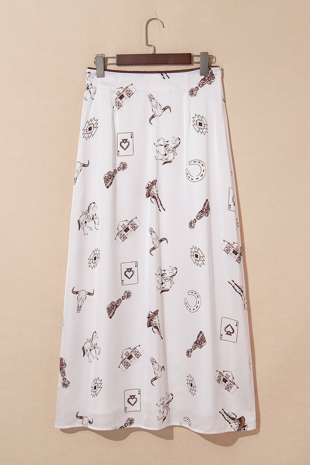 Beige Western Print Satin Long Skirt