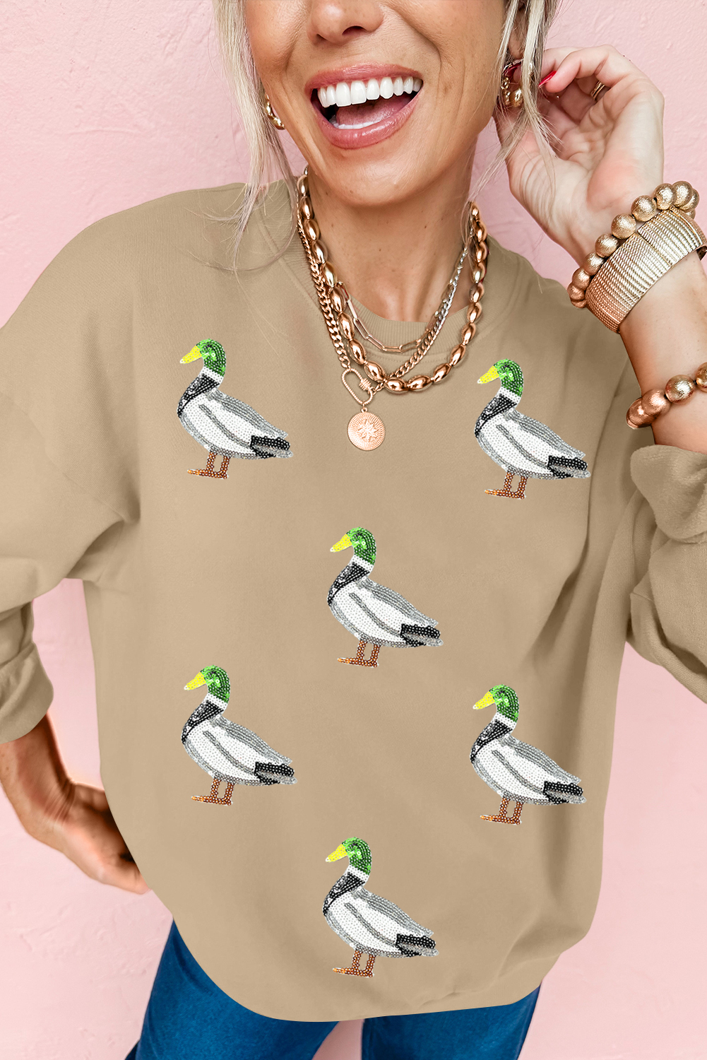 Khaki Sequin Mallard Duck Graphic Baggy Sweatshirt