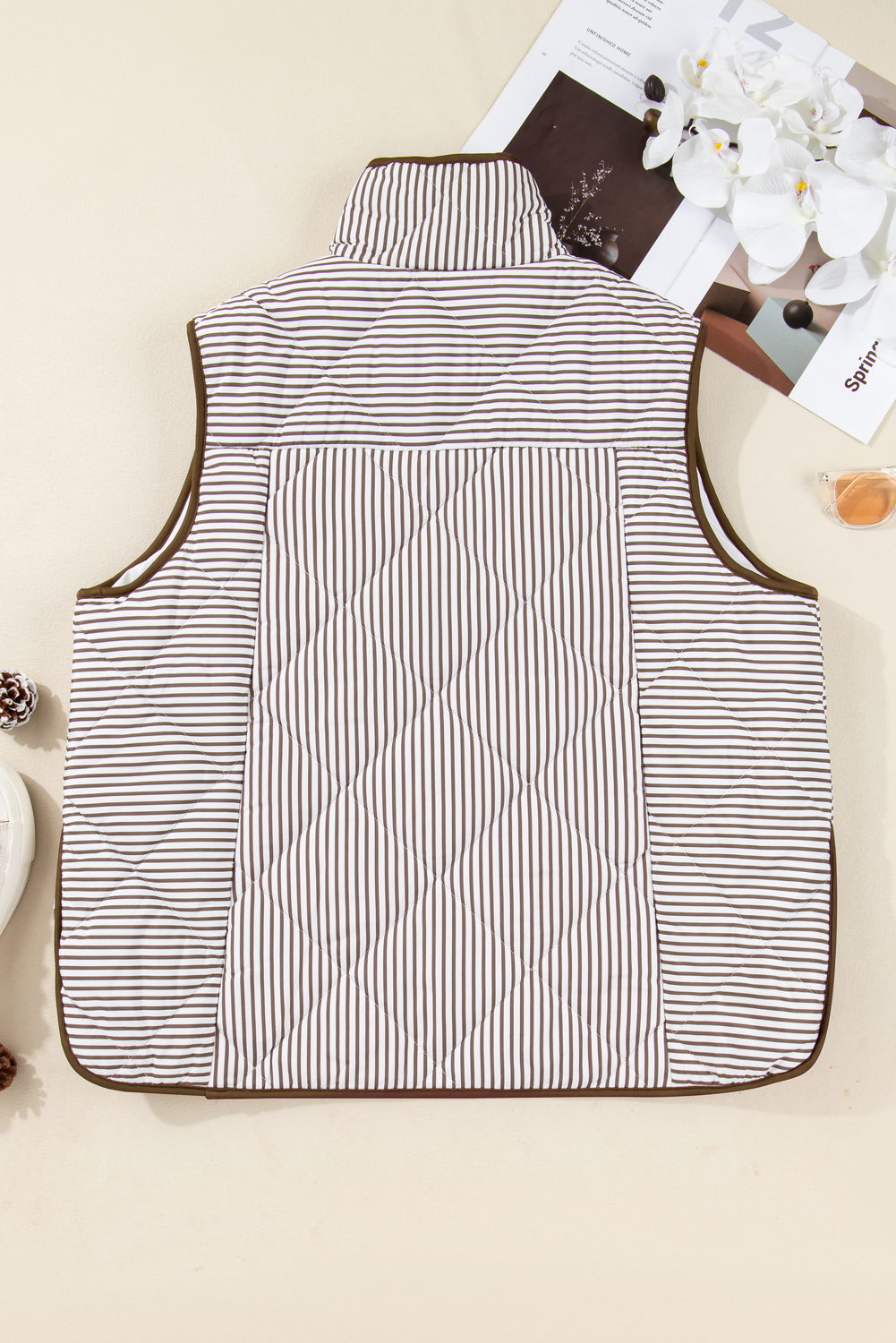 Black Stripe Contrast Trim Snap Button Collared Winter Vest