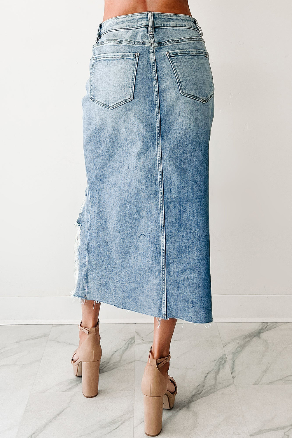 Sail Blue Dearlove Irregular Distressed Bottom Denim Midi Skirt