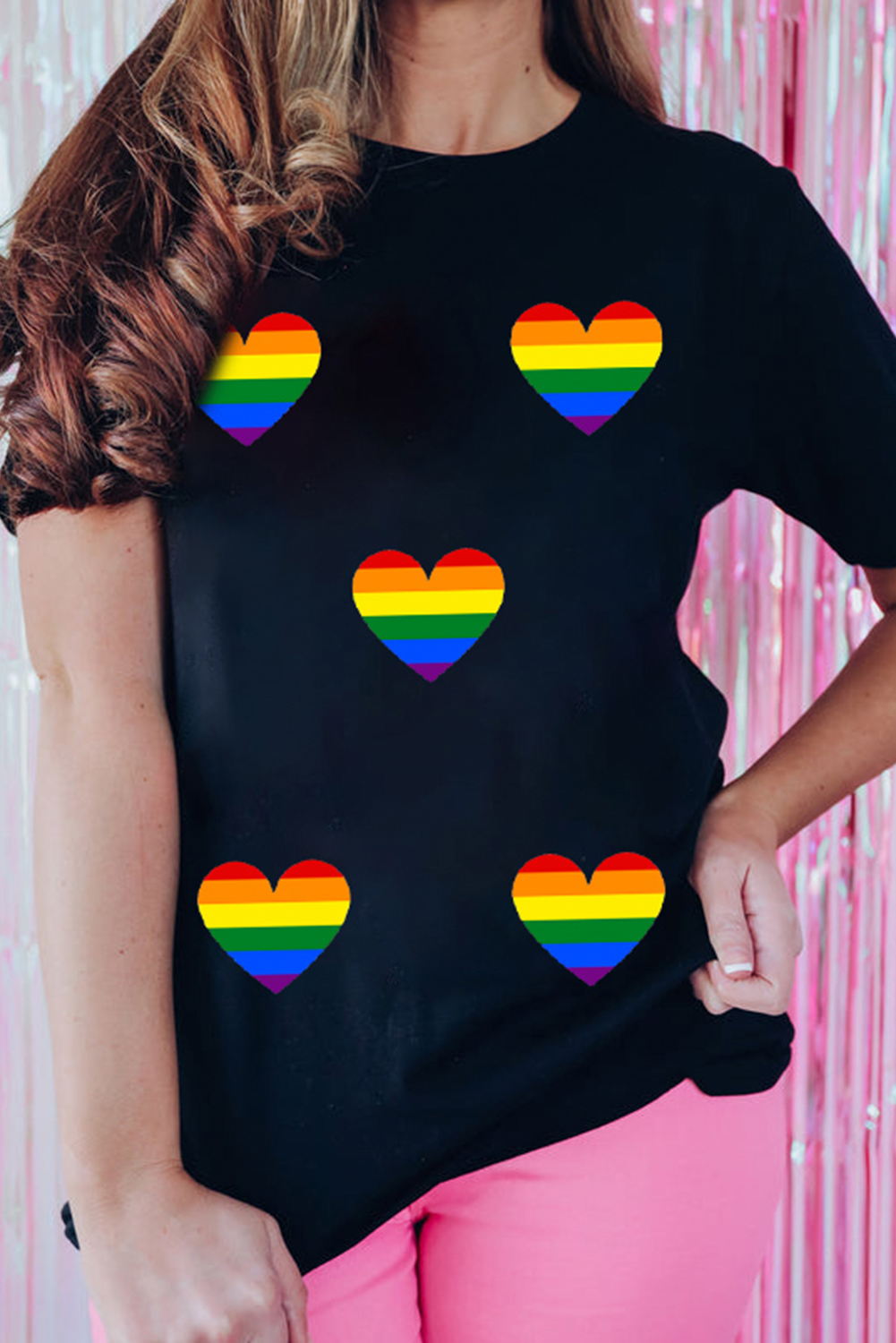 Black Heart Print Crew Neck Chic T Shirt