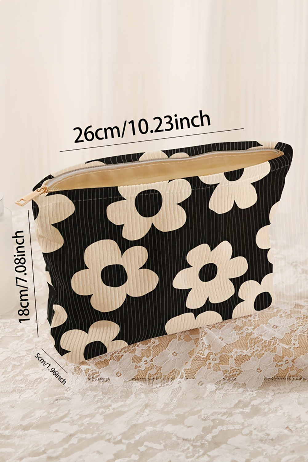 Red Flower Printed Rib Textured Cosmetic Bag
