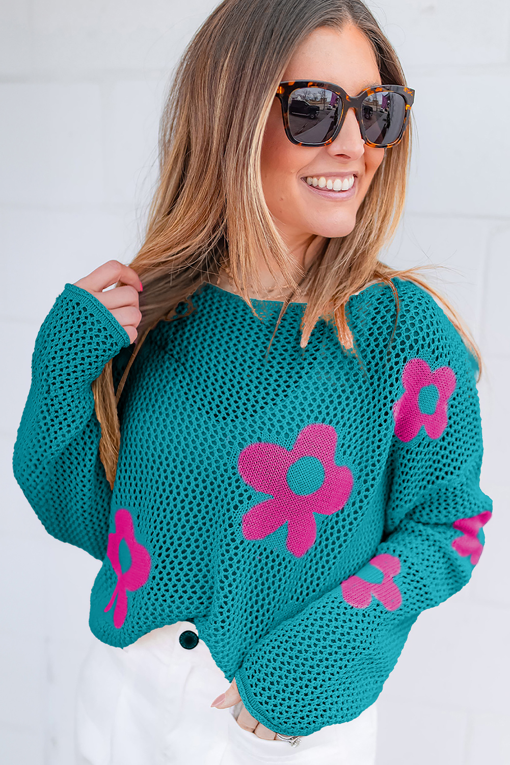 Light Pink Big Flower Hollowed Knit Drop Shoulder Sweater