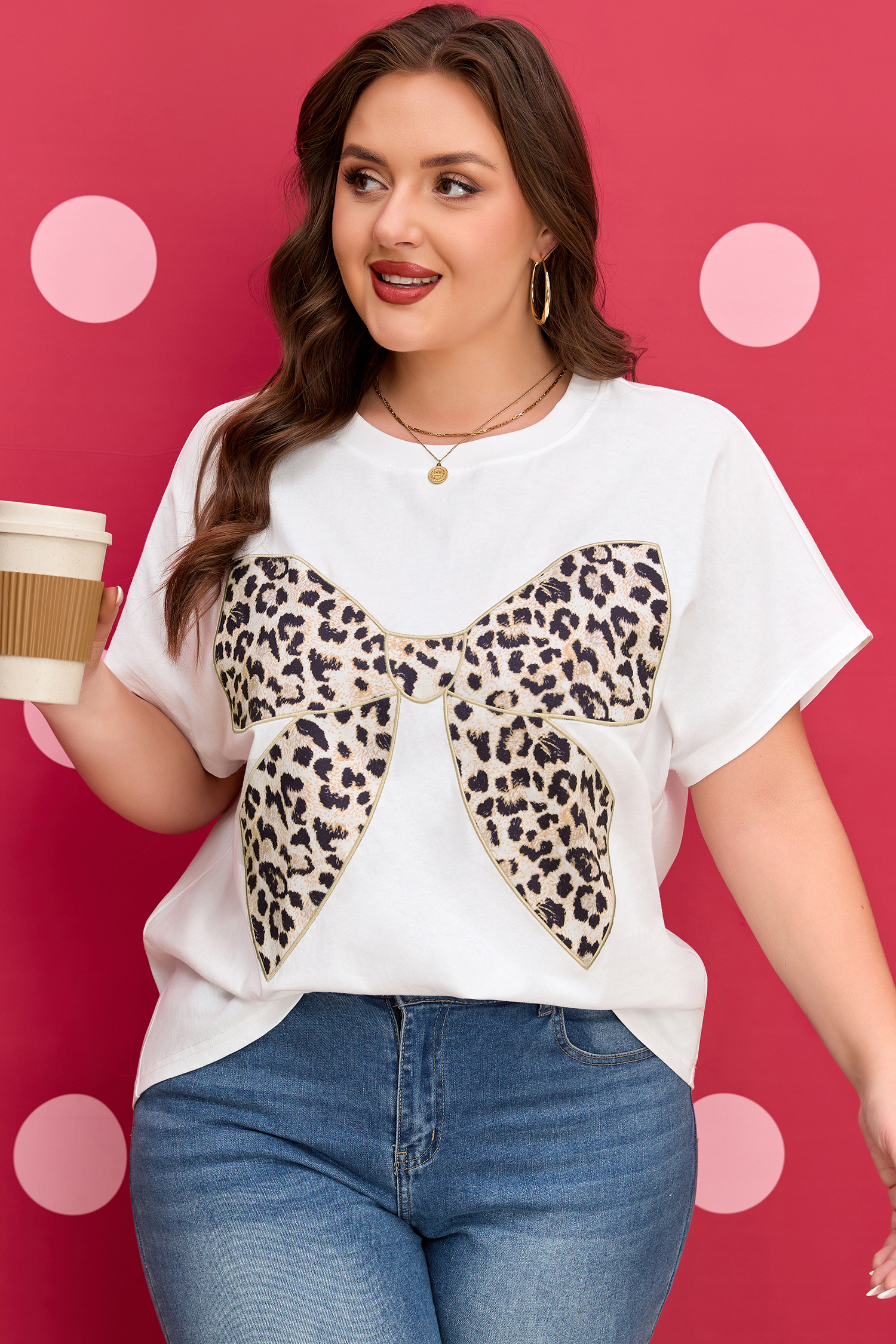 Pink Leopard Bow Embroidered Cotton Round Neck T Shirt