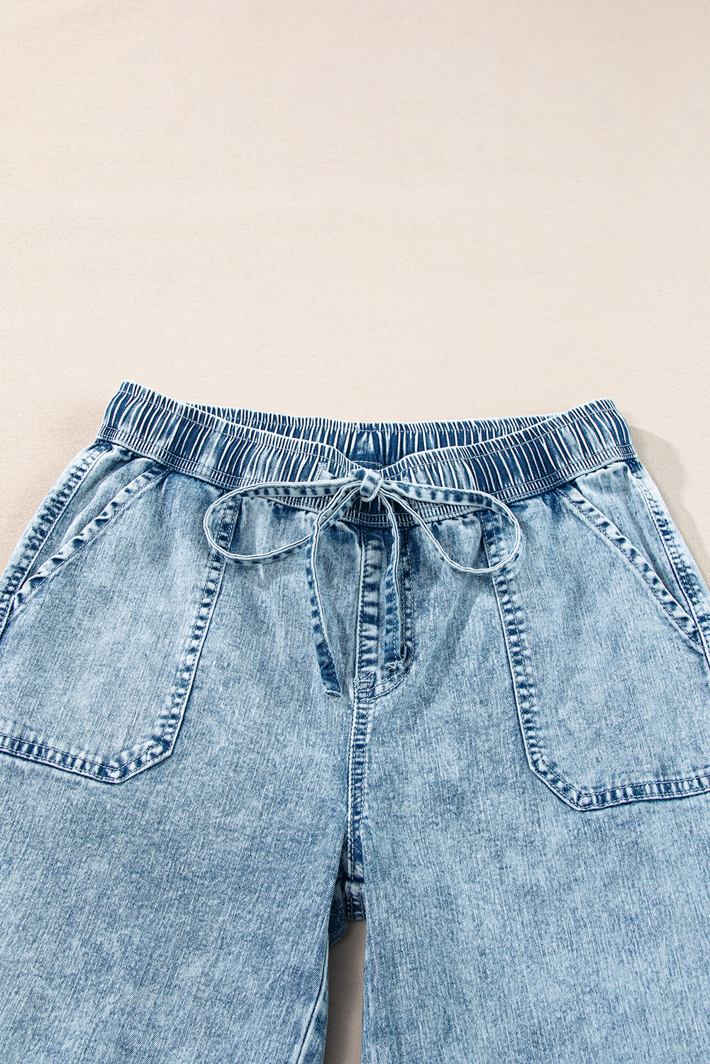 Myosotis Mineral Wash Drawstring Elastic Waistband Loose Straight Denim Pants