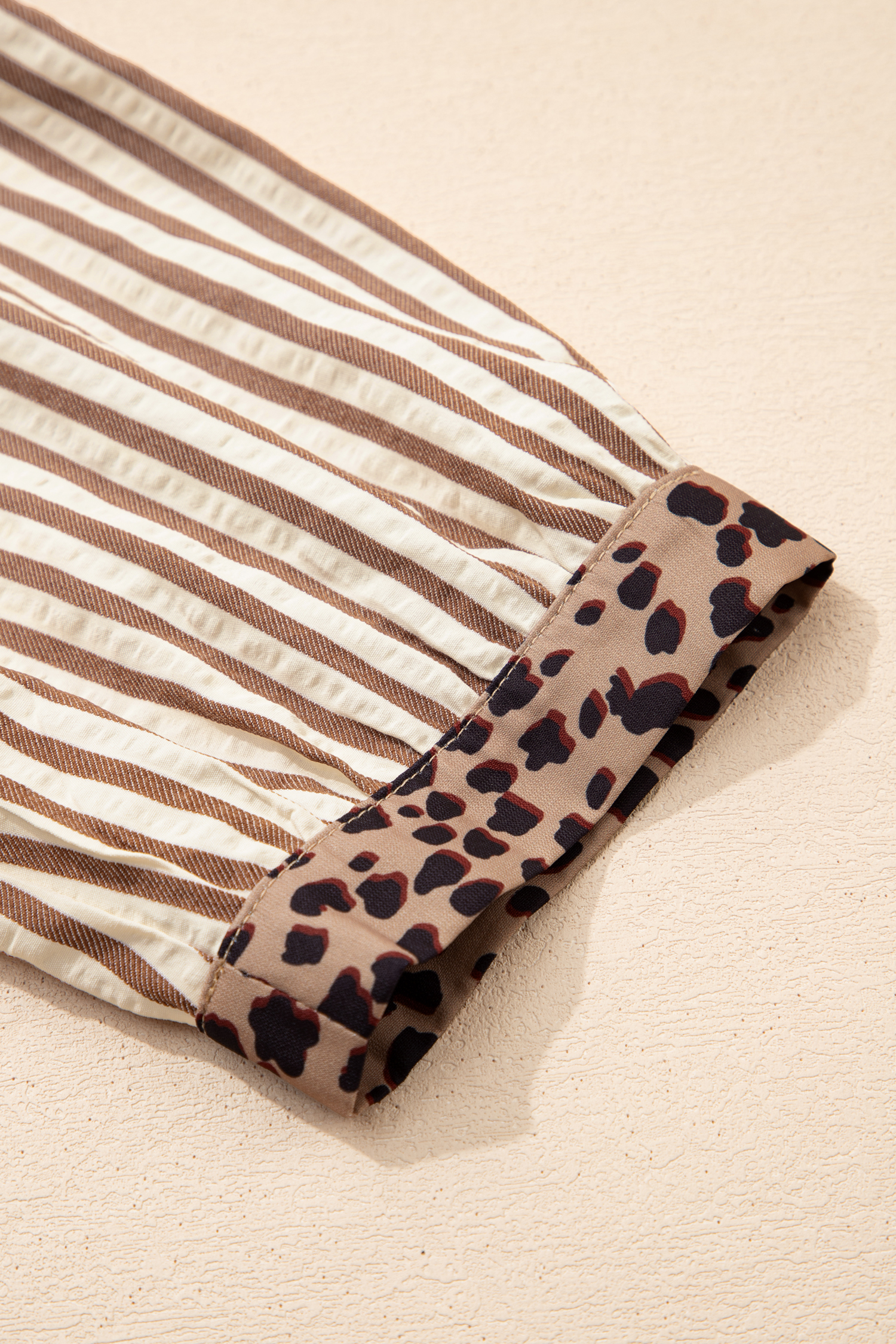 Khaki Stripe Square Button Leopard Trim Loose Bracelet Sleeve Shirt Dress