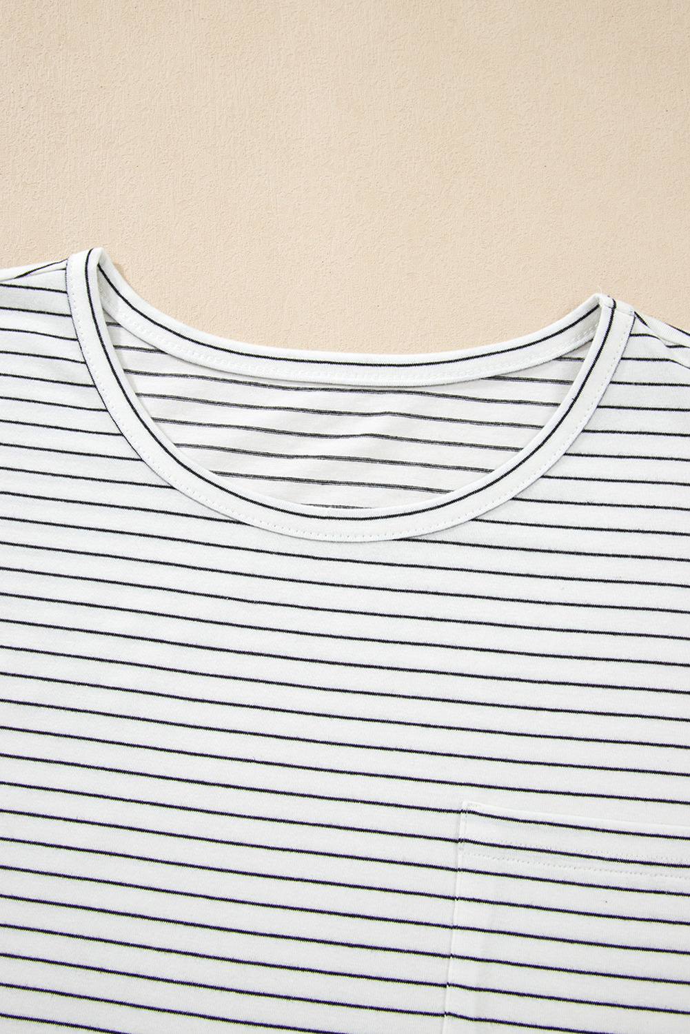 White Stripe Cap Sleeve Crew Neck Casual Tee with Chest Pocket