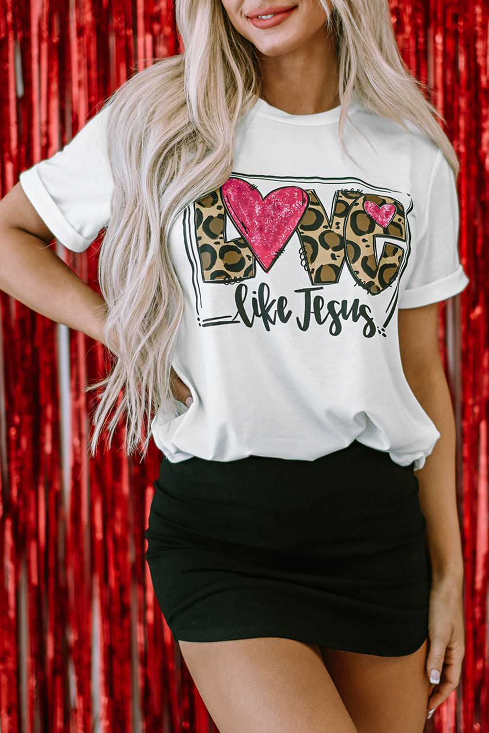 Red Leopard Striped Heart Shaped Print Crew Neck T Shirt