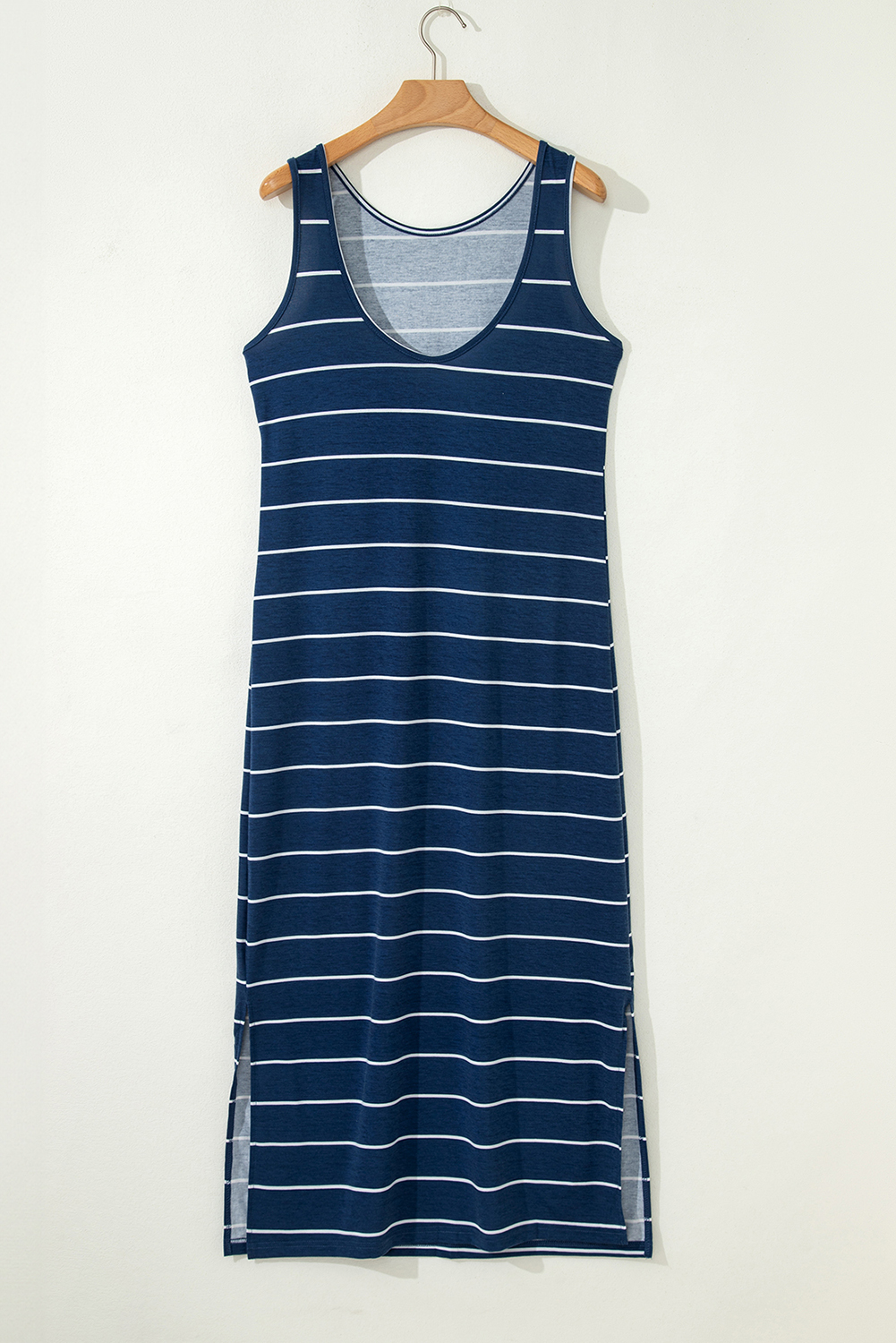 Blue Gray Stripe Print Open Back Sleeveless Maxi Dress with Slits