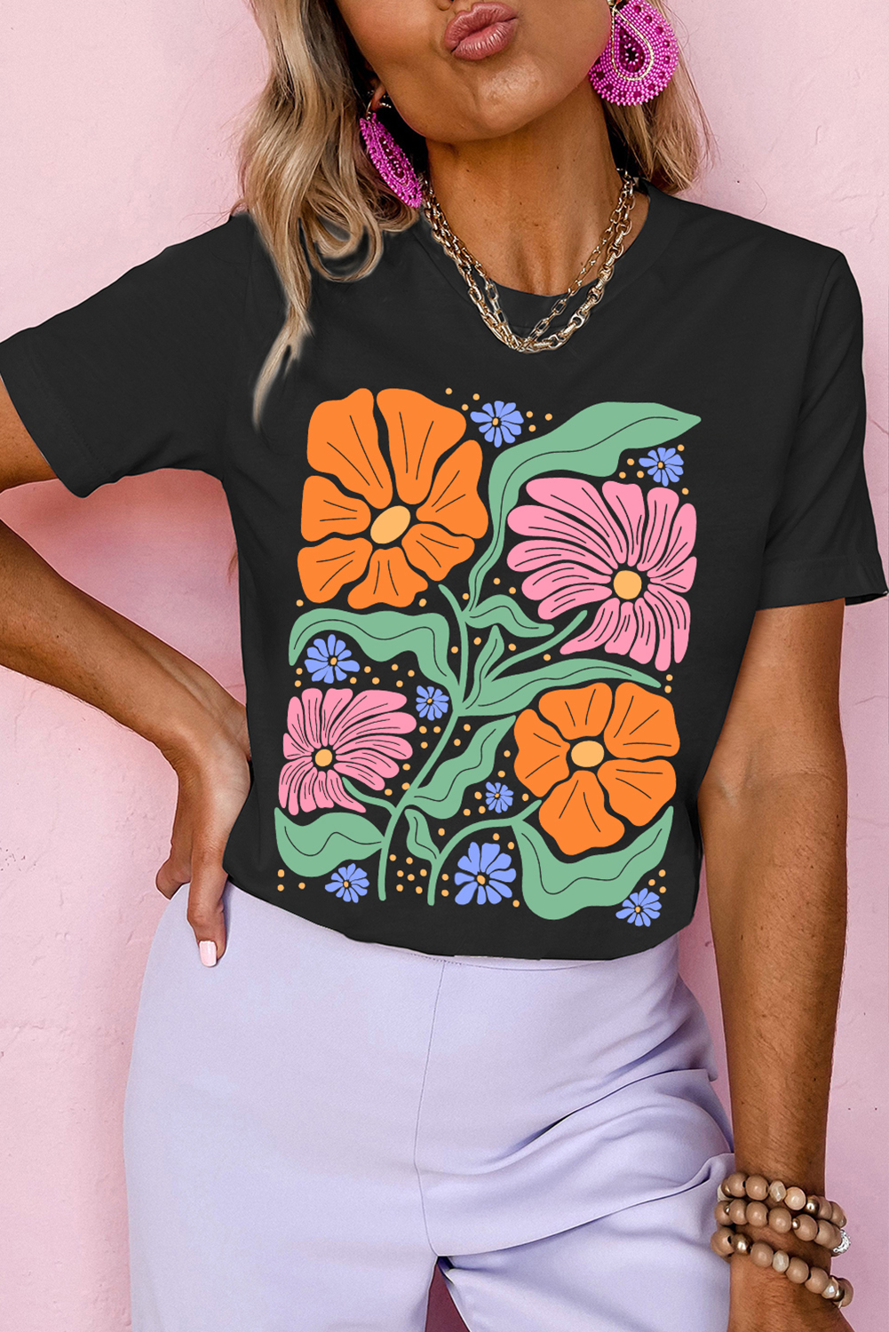 Black Colorful Flower Graphic Crewneck Summer Tee