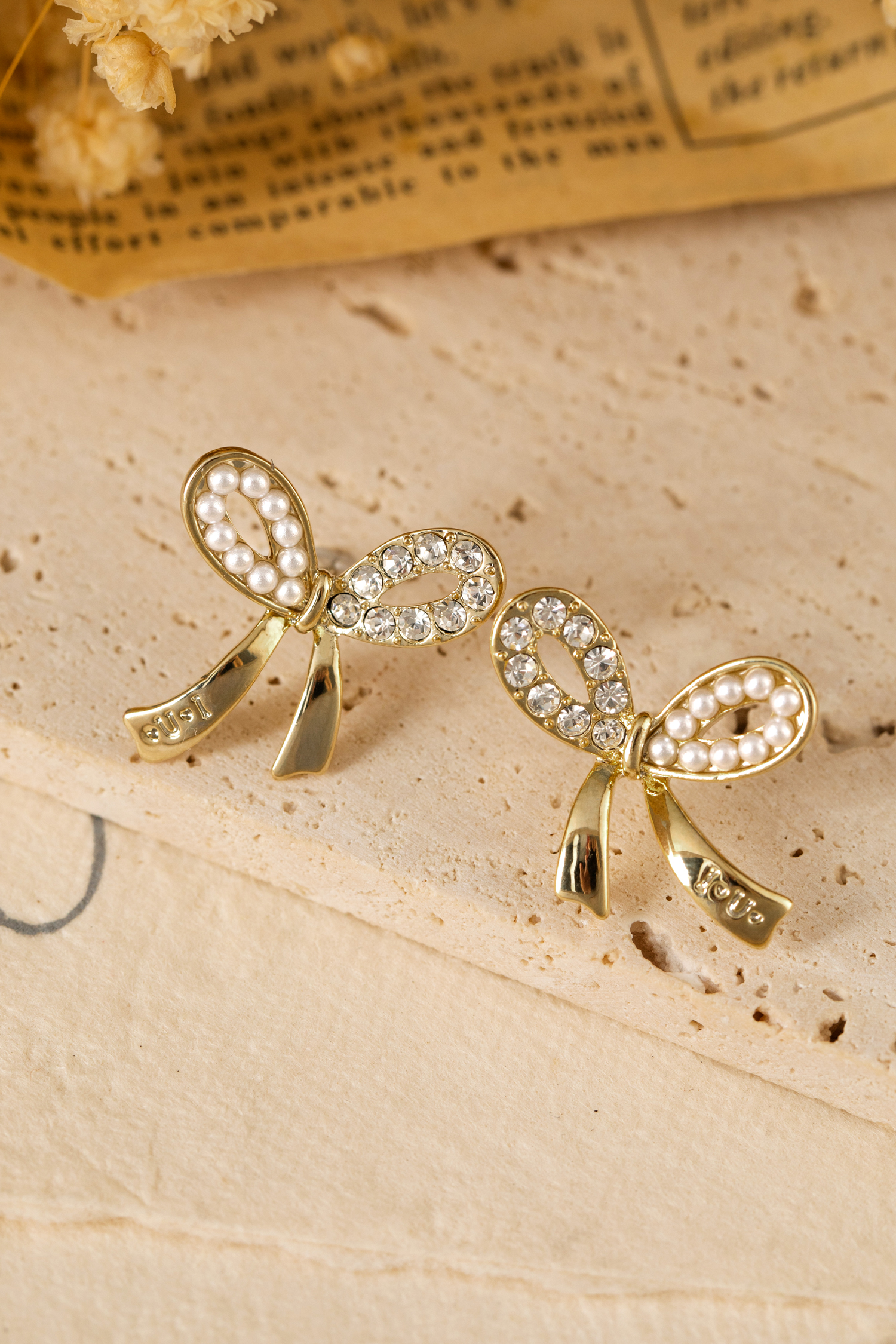 Gold Rhinestone Pearl Bow Earrings