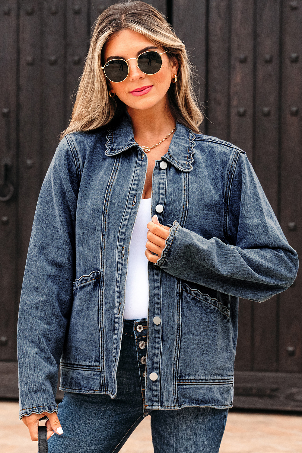 Myosotis Scallop Trim Collar Patched Pocket Button Up Mineral Washed Denim Jacket