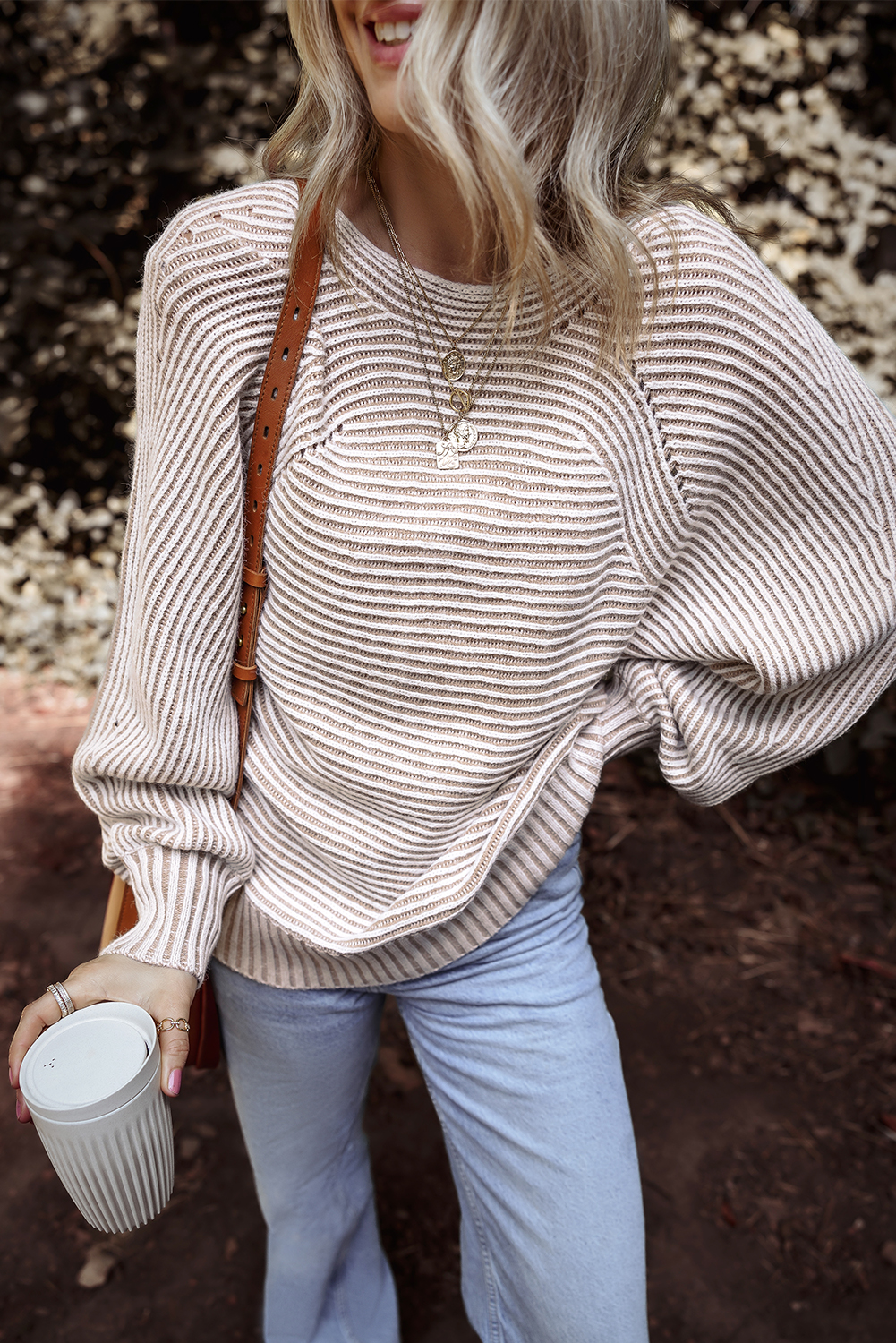 Coffee Striped Print Ribbed Knit Boat Neck Baggy Sweater