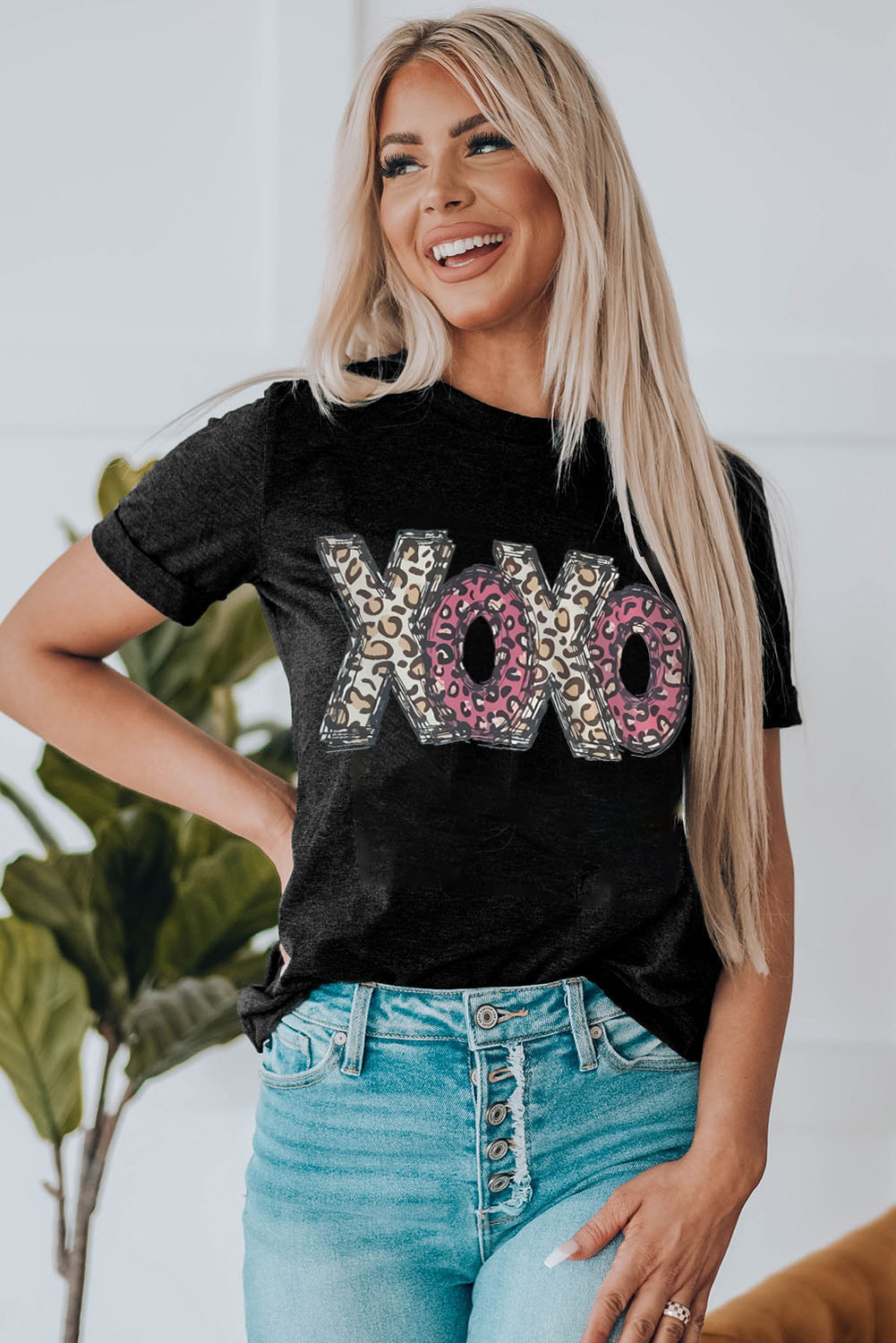 Black Leopard XOXO Print T Shirt