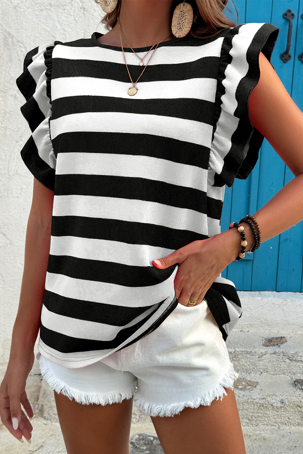 Green Stripe Flutter Sleeve Round Neck Shift Dress
