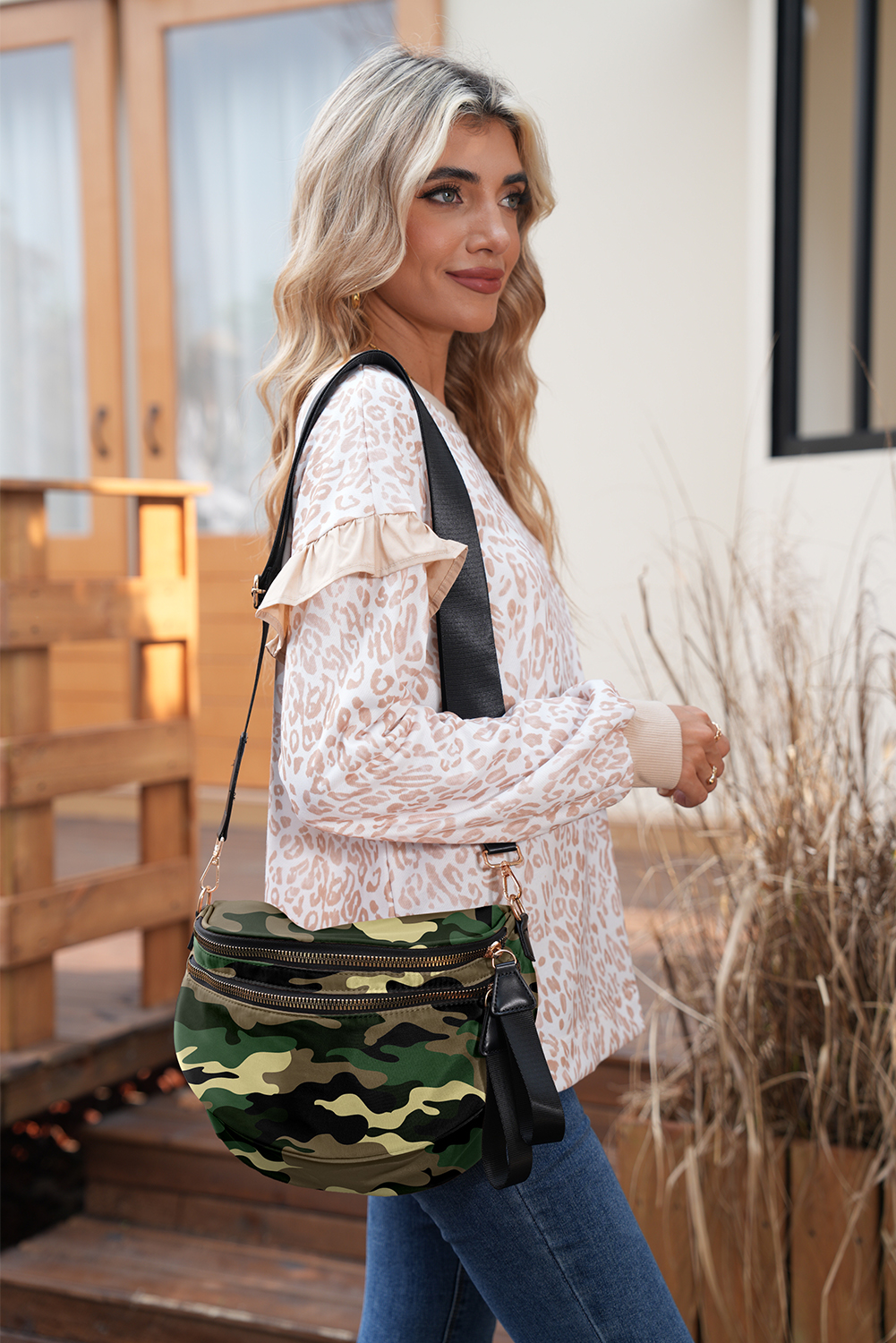 Camel Polka Dot Print Gold Chain Strap Double Zipper Crossbody Bag