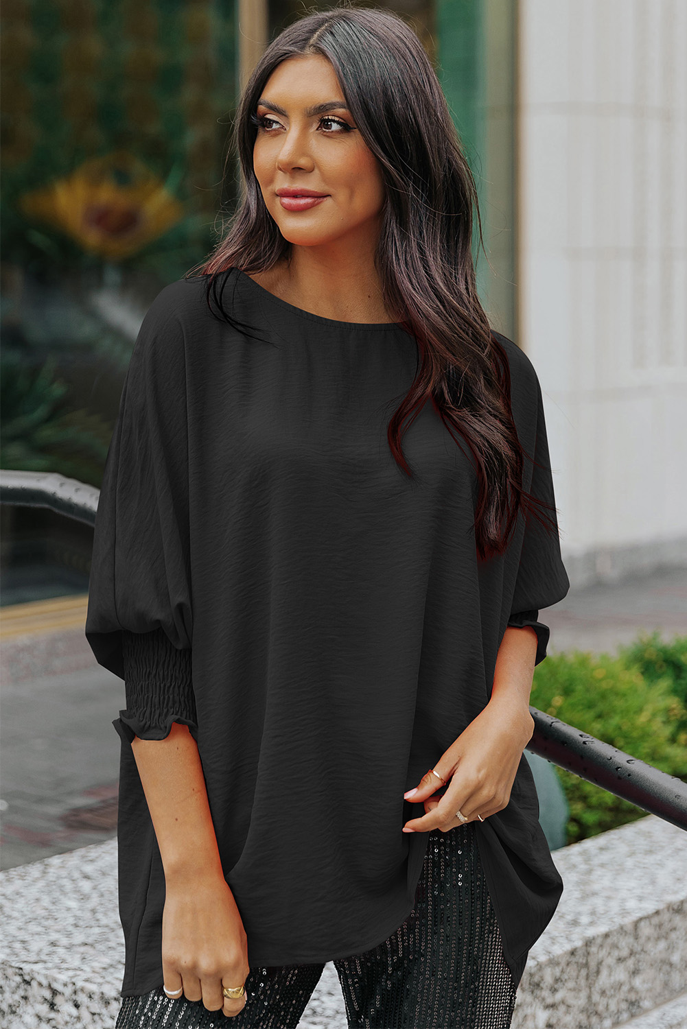 Green Smocked Wrist Shift Top