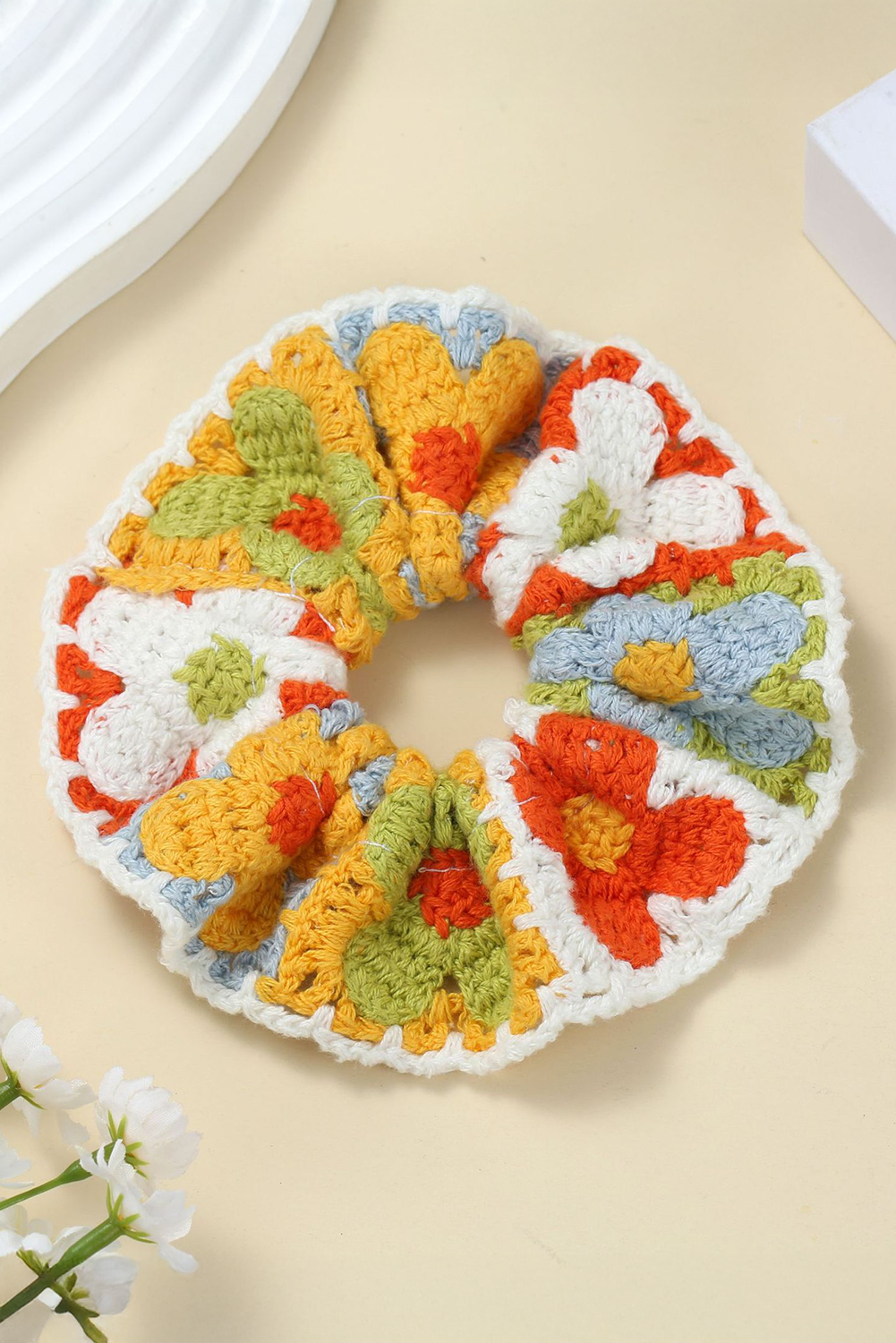 Yellow Bohemian Style Flower Crochet Scrunchy Hair Tie