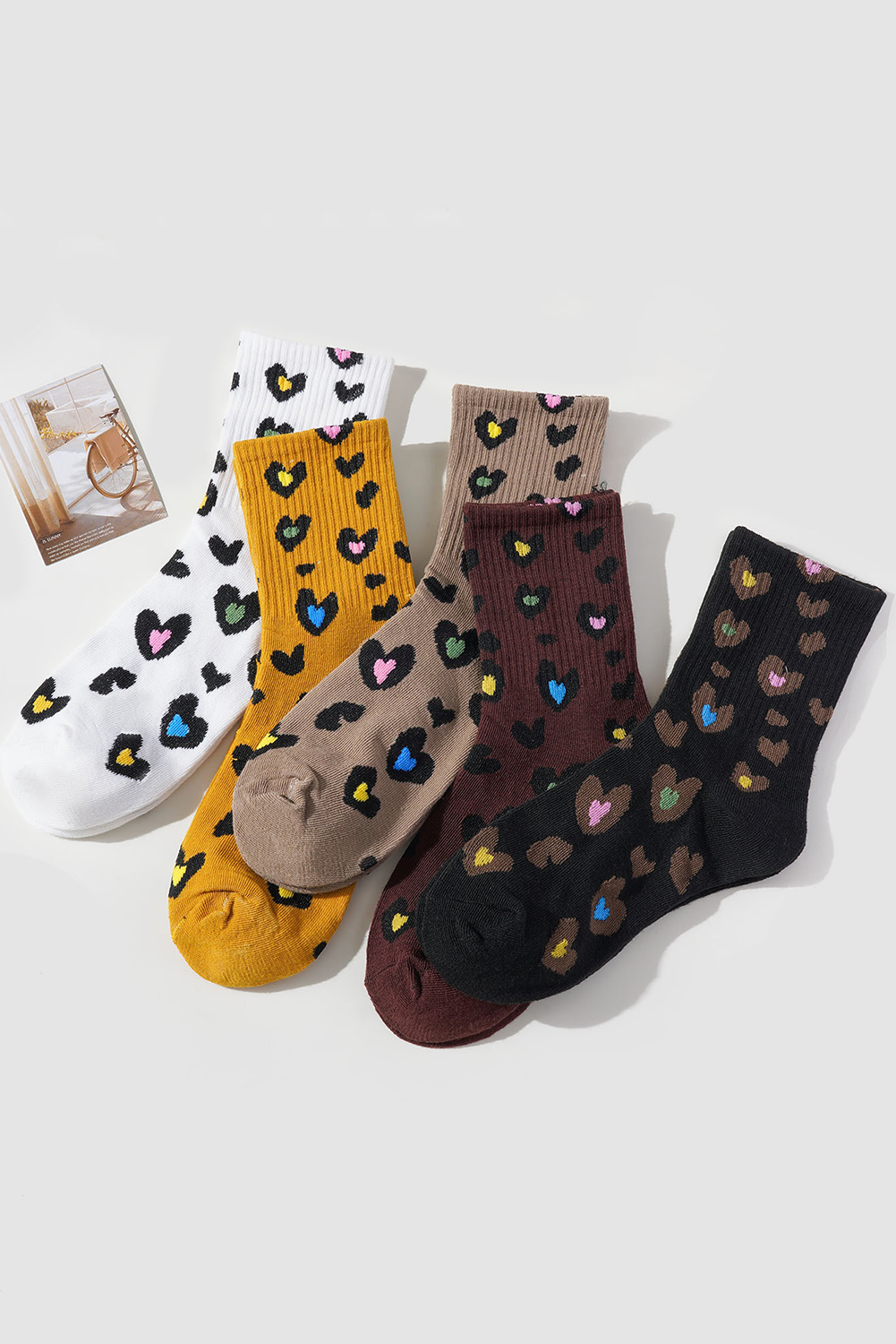 Bristol Black 5 Pairs Ribbed Trim Leopard Print Socks