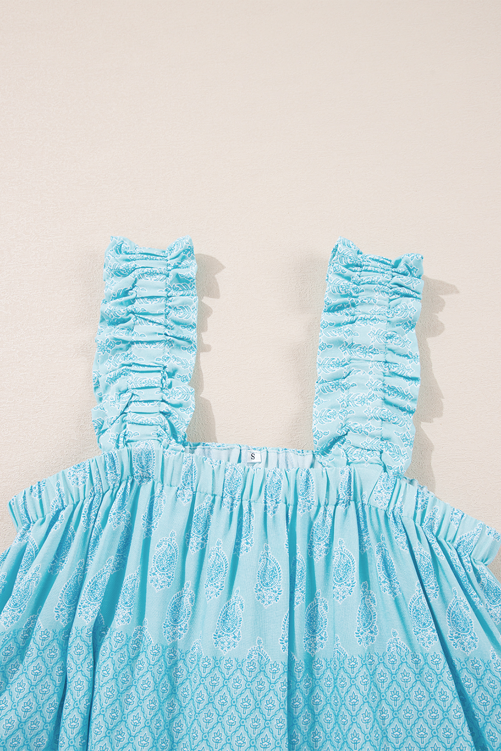 Sky Blue Tribal Pattern Print Ruffled Wide Straps Loose Tank Top