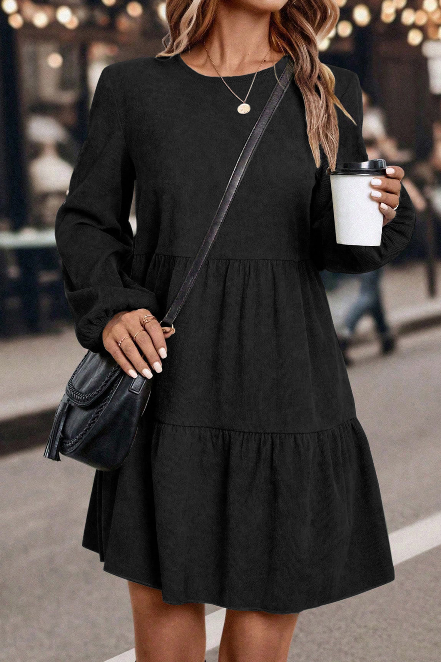 Black Lantern Sleeve Tiered Mini Dress