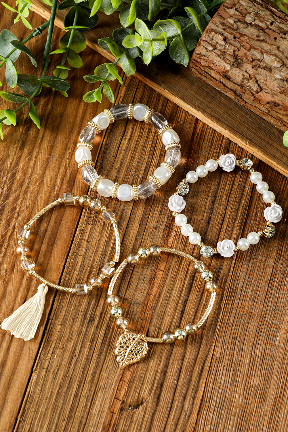 White Bohemian Rhinestone Beaded Fringed Layered Bracelet