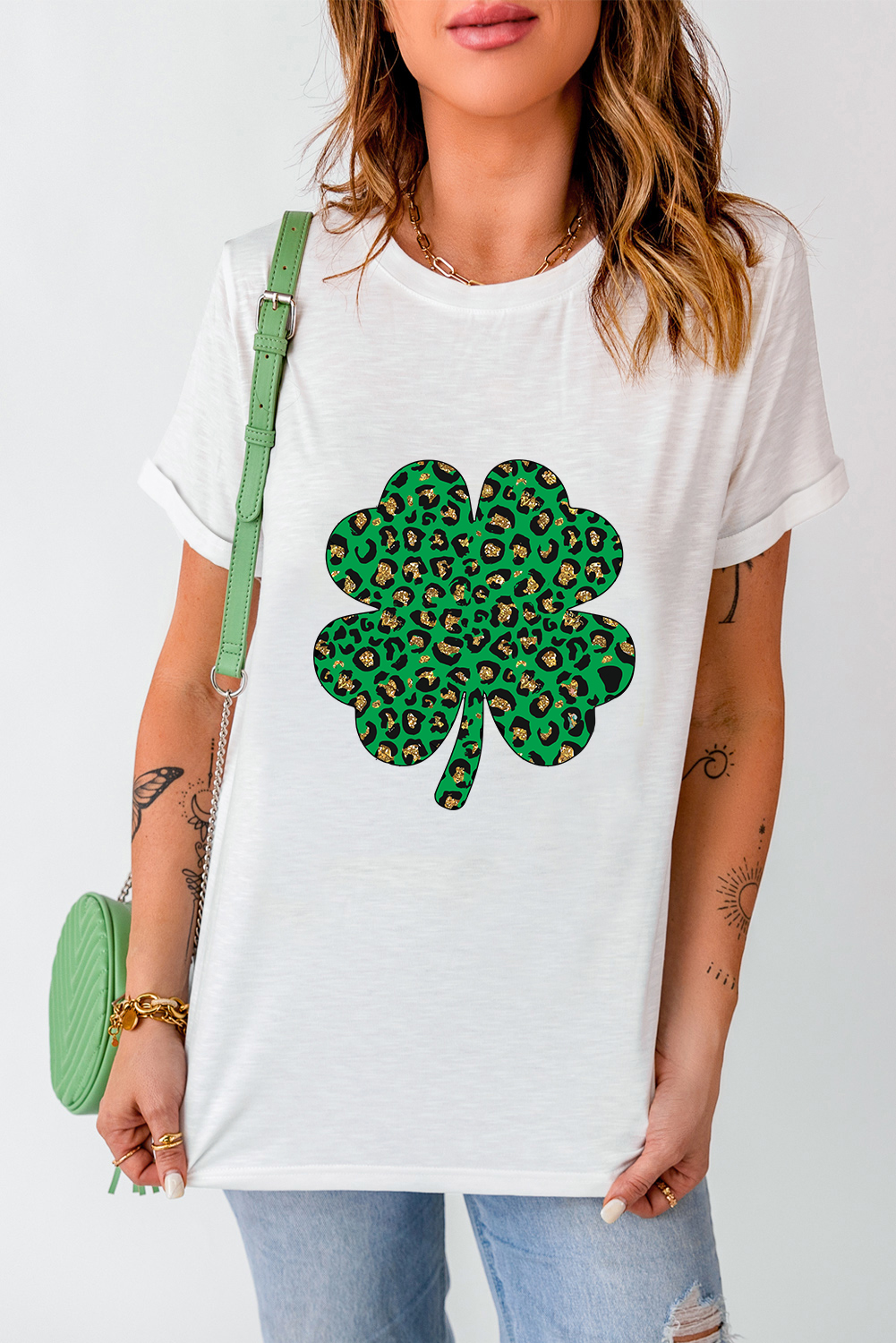 Black St. Patricks Lucky Clover Print O Neck T Shirt