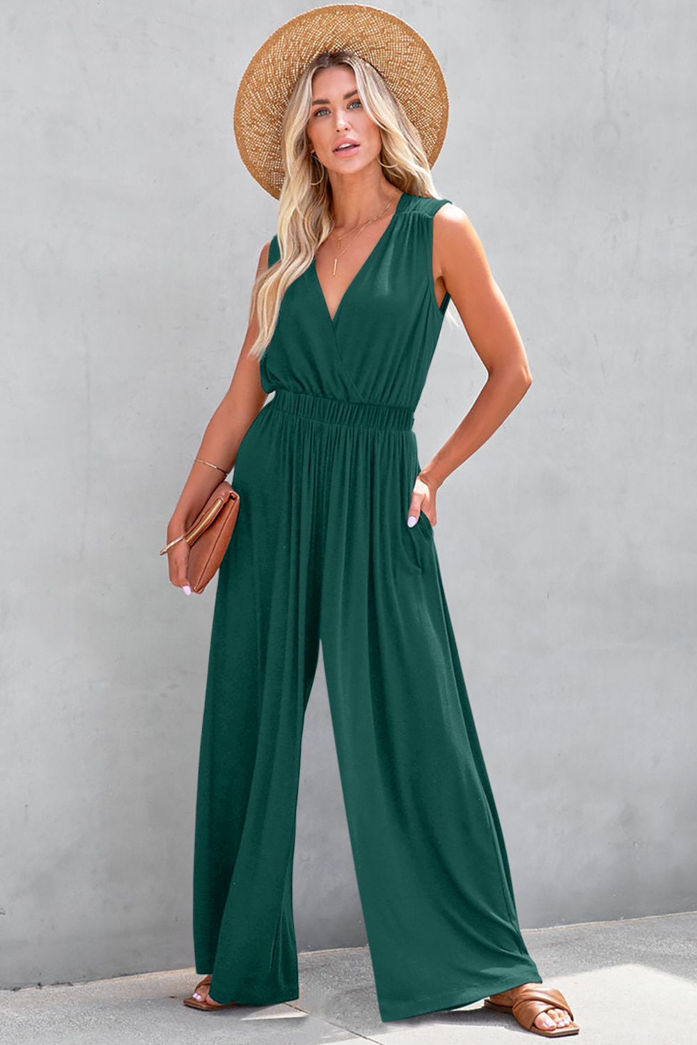 Black Deep V Pleated Crisscross Wide Leg Backless Jumpsuit