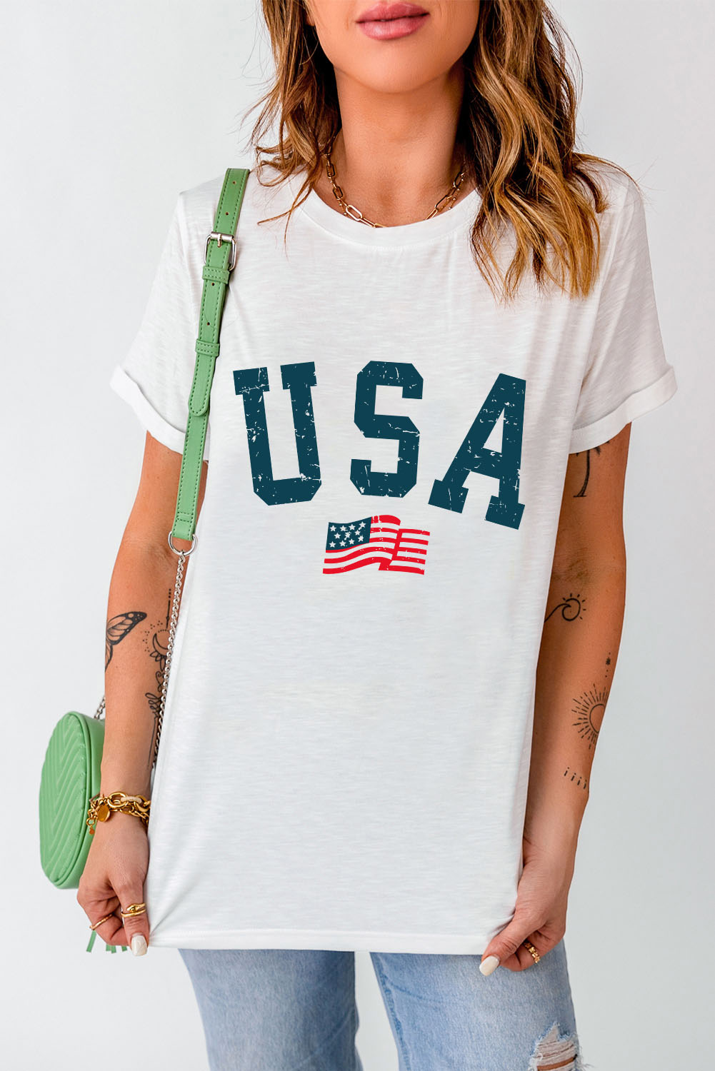 Gray Blooming USA Flag Print Casual T Shirt