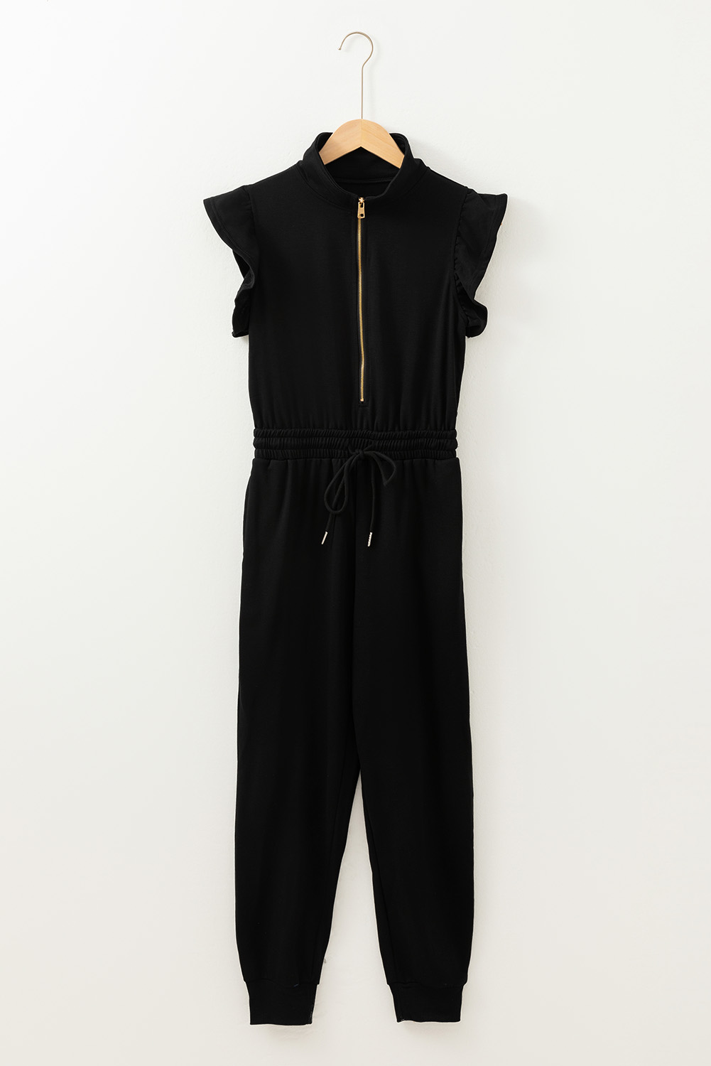 Black Zipper Flutter Sleeve Drawstring Elastic Waistband Jumpsuit