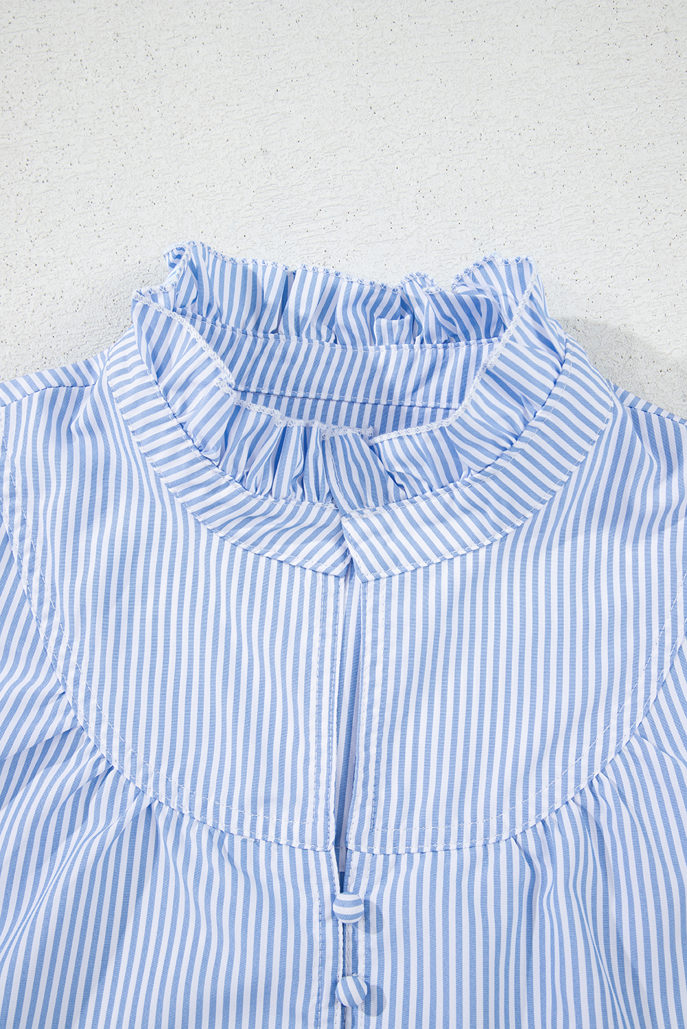 Sky Blue Stripe Ruffled Collar Puff Sleeve Half Buttons Blouse