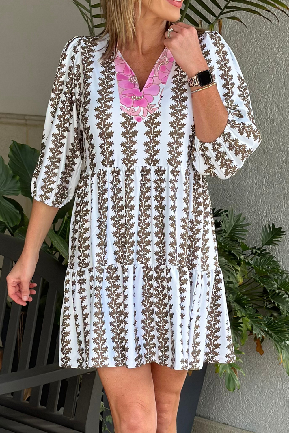 Black Contrast Floral V Neck Printed Bracelet Sleeve Dress