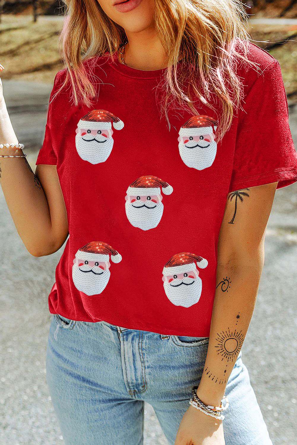Black Faux Sequin Christmas Claus Pattern Crewneck T Shirt