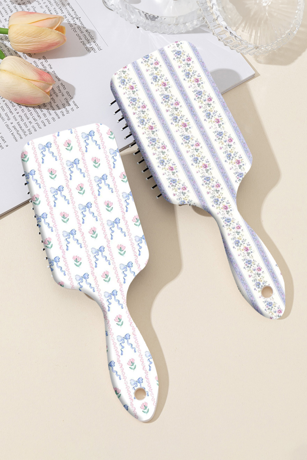 Iceland Blue Flower Bow Print Large Paddle Air Cushion Comb