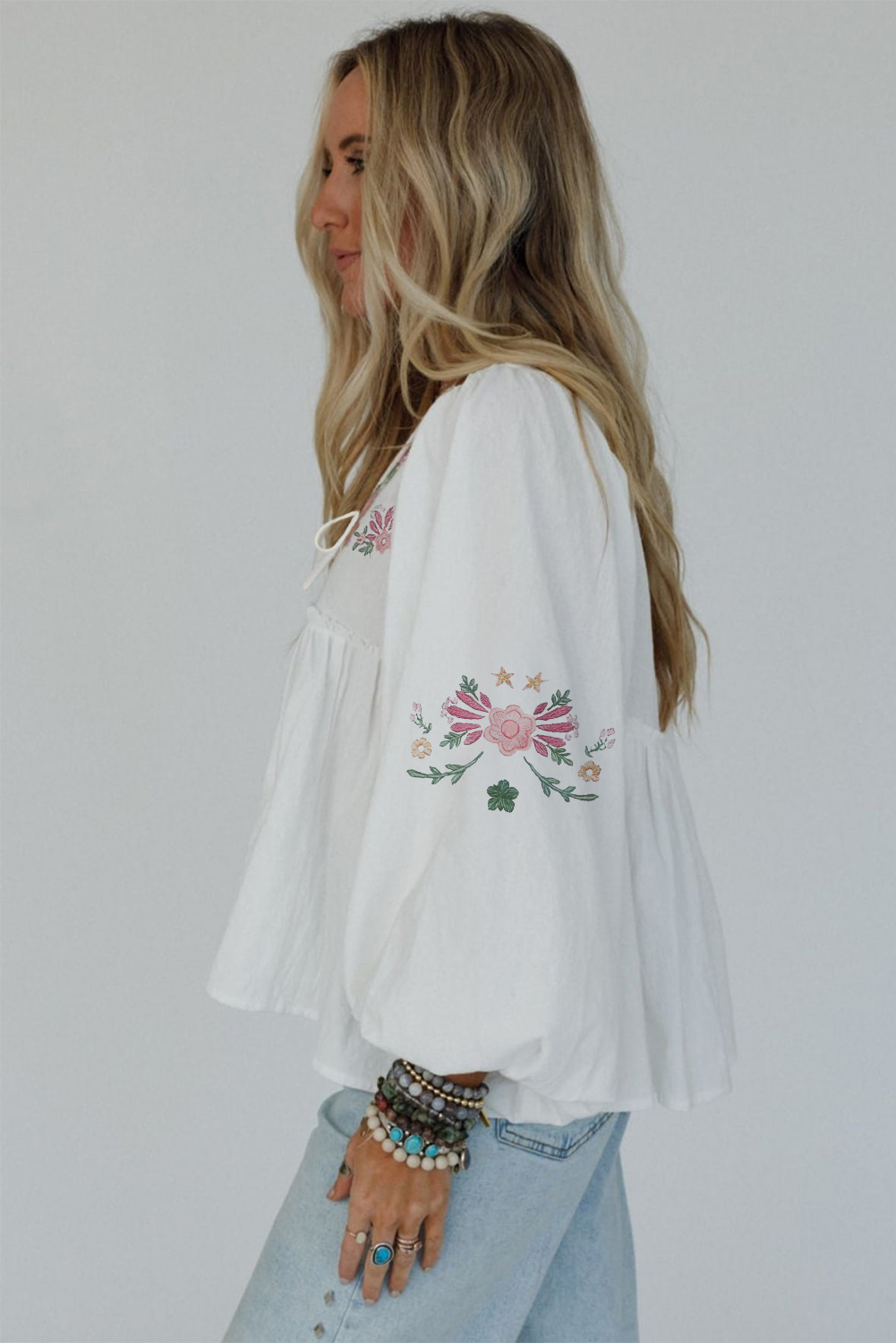 White Flower Print Lace-up V Neck Babydoll Blouse