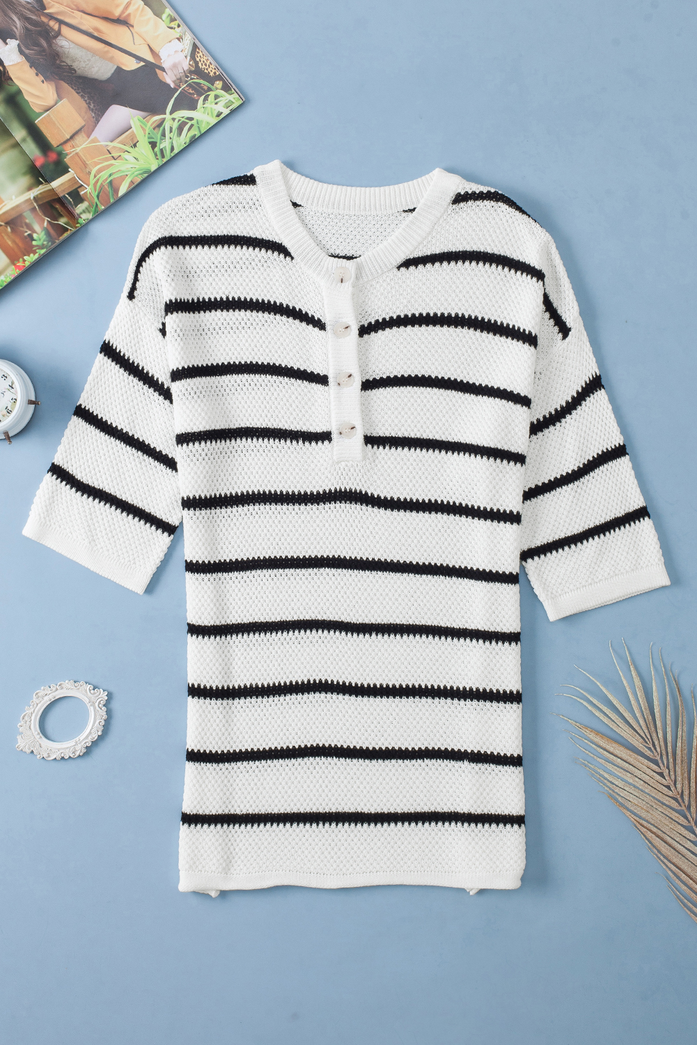 Black Stripe Henley Buttoned Placket Drop Shoulder Bracelet Sleeve Knit Sweater Tee